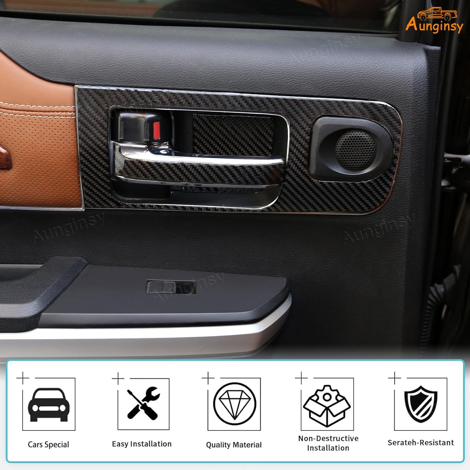 Aunginsy Inner Door Panel Trim Frame Compatible with Toyota Tundra 2014-2021 Pickup Truck Soft Carbon Fiber Front Rear Doors Handle Panel Decorative Sticker Protection Cover Look Interior Accessories