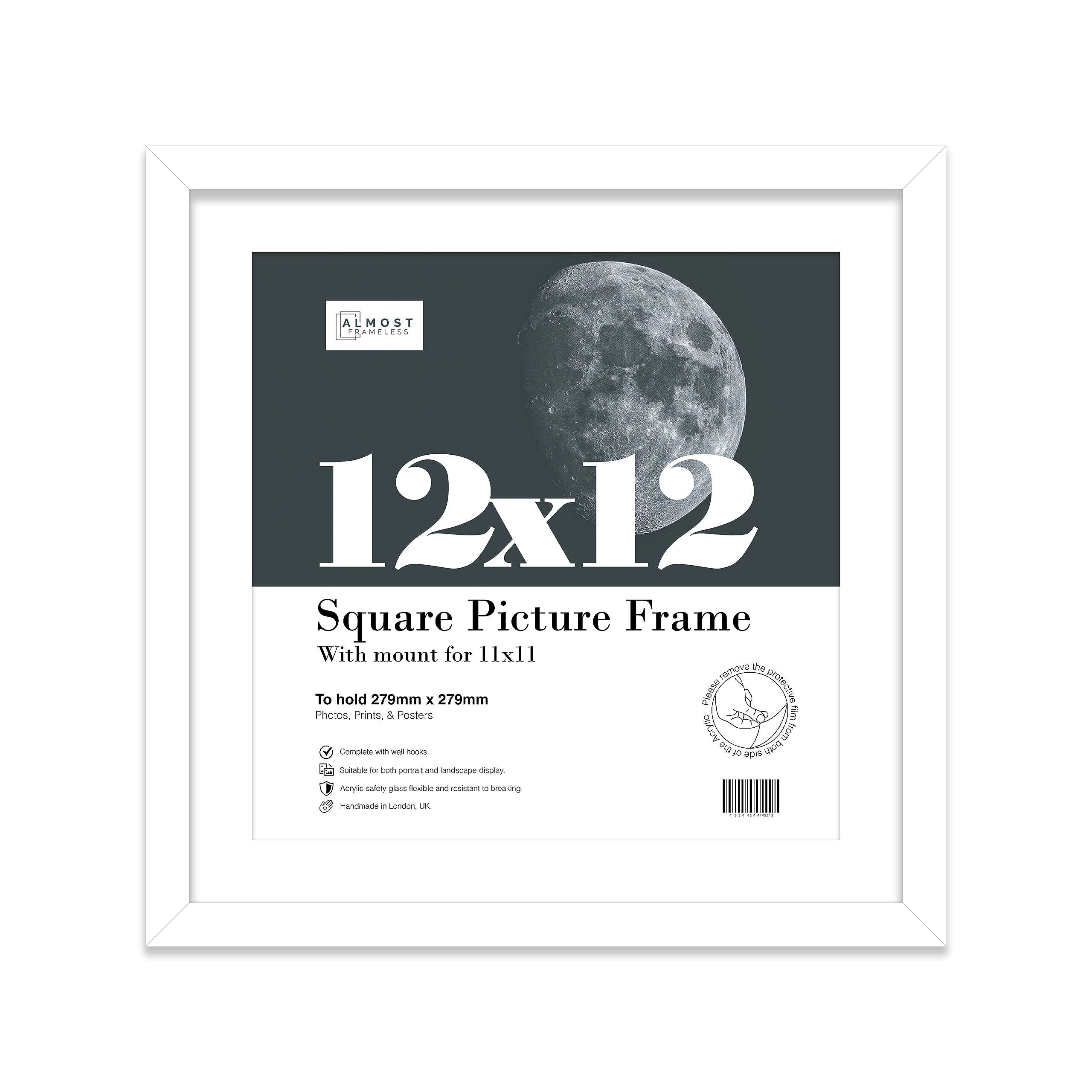 Almost Frameless 12x12 Picture Frame, Display Pictures 11x11 With Mat or 12x12 Without Mat, Wall Hanging Photo Frame, White, 1 Pack