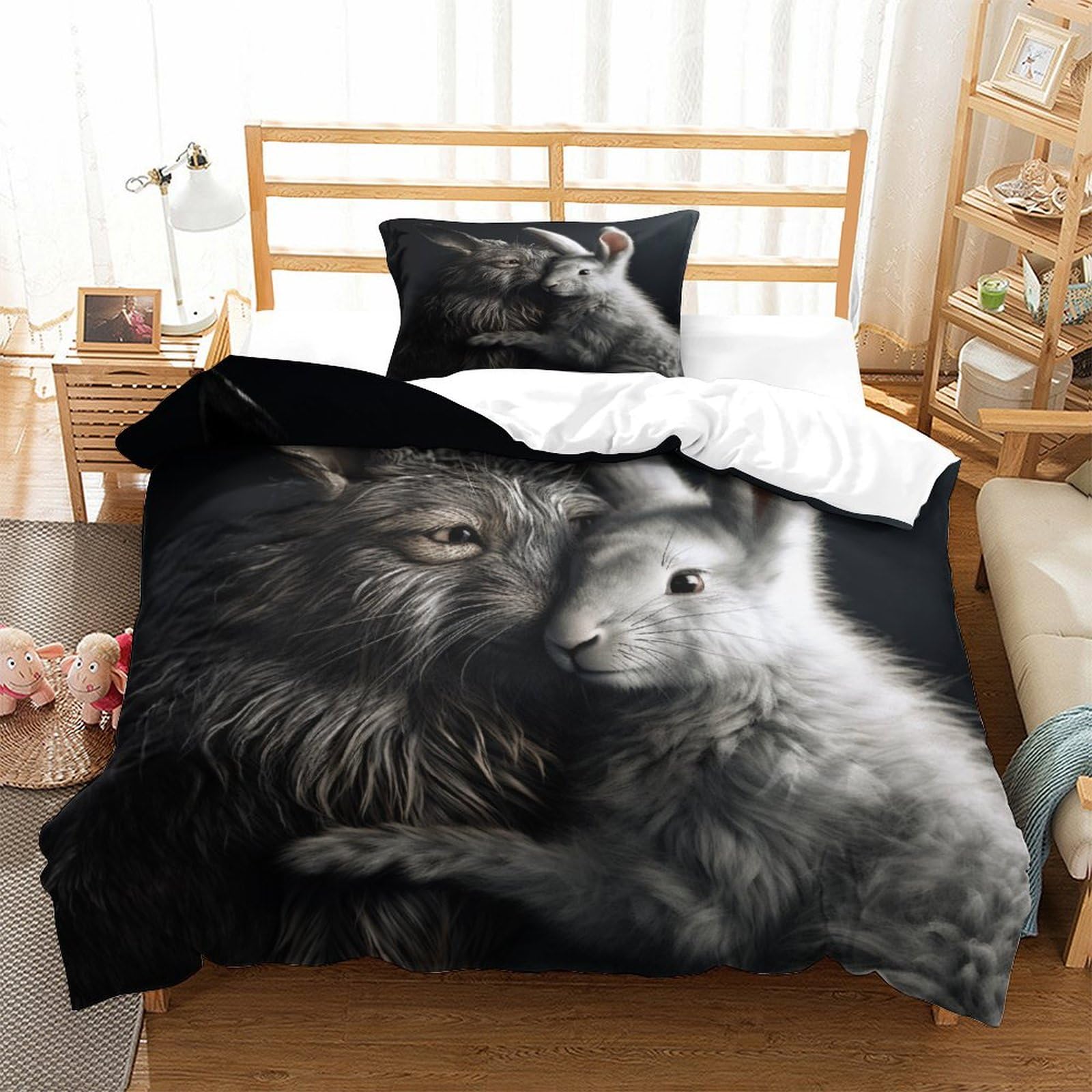 P1S9U7W5Y 3D Printed Animal Cat Rabbit Duvet Cover Set 3 Pieces Microfiber Bedroom Decor Animal Theme Bedding Set Soft Breathable for Adults Teens Single（135x200cm）