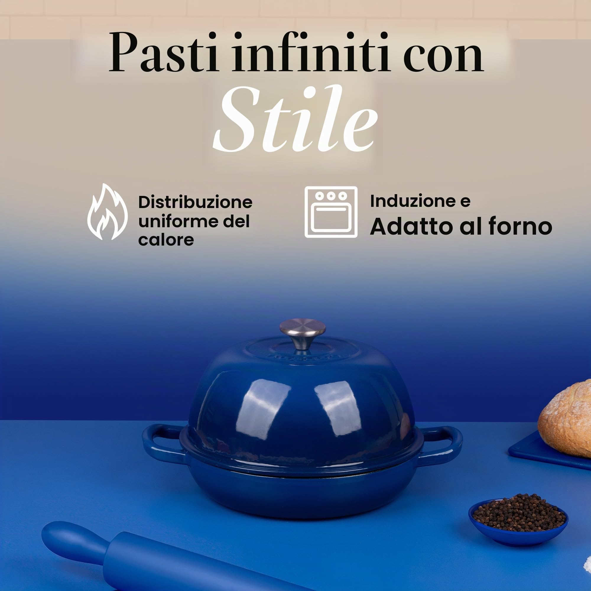 Casseruola in Ghisa Smaltata con Coperchio – Forno Olandese per Pane e Lievitati – Pentola in Ghisa per Cottura del Pane – Blu Scuro, 5.68 Litri, 22cm – by Nuovva