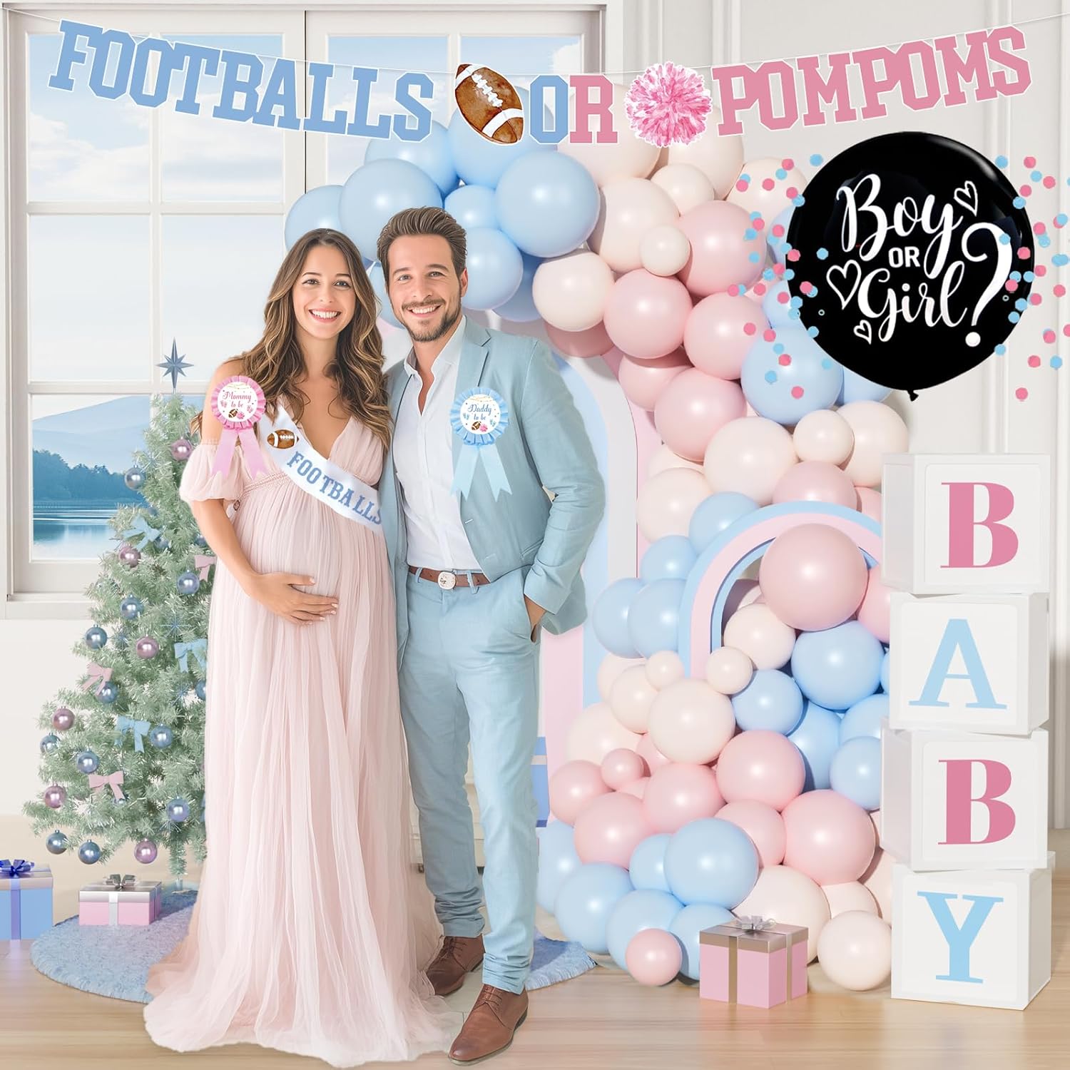 Football or Pom Poms Gender Reveal Decorations, 152 PCs Boy or Girl Party Decoration Kit Supplies with Balloons, Banner, Sash, Badge Backdrop, Topper, Poster, Balloon Boxes, Tablecloth, Marker