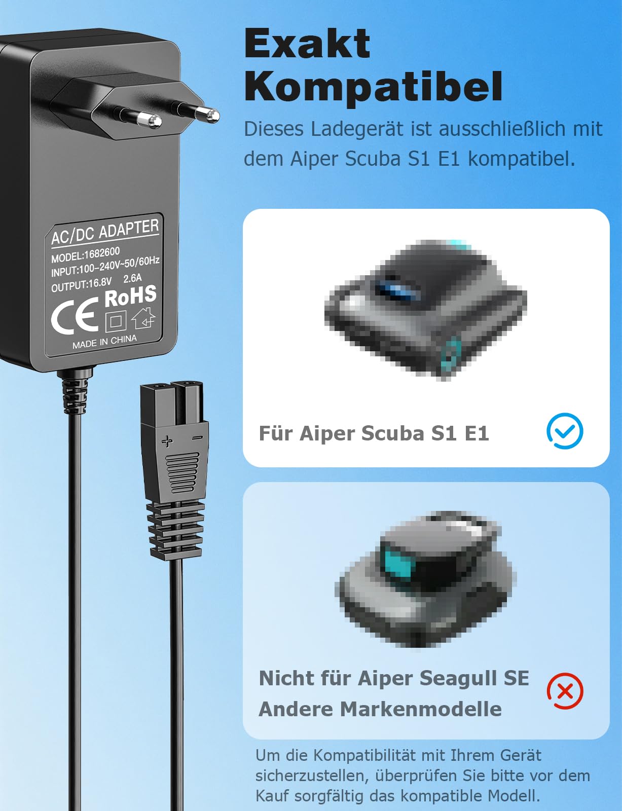 Mellbree 16.8V Ladegerät für Aiper Scuba S1 E1 Poolroboter Reiniger | 2M Ersatz-Netzkabel für Automatische Poolsauger Staubsauger, Sicheres & Effizientes Laden