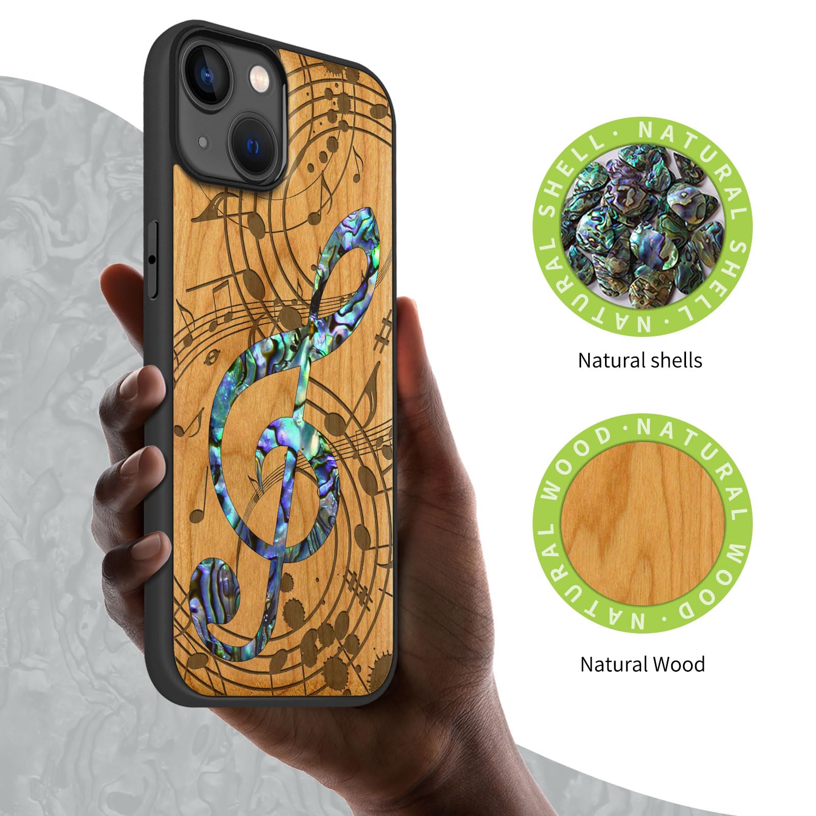 Carveit Coque IPhone 14 Pro Avec Gravure Bois Et Incrustation Coquillage - Étui TPU Magnétique Compatible MagSafe - Artistique - Motif Note De Musique (Bois Noir)