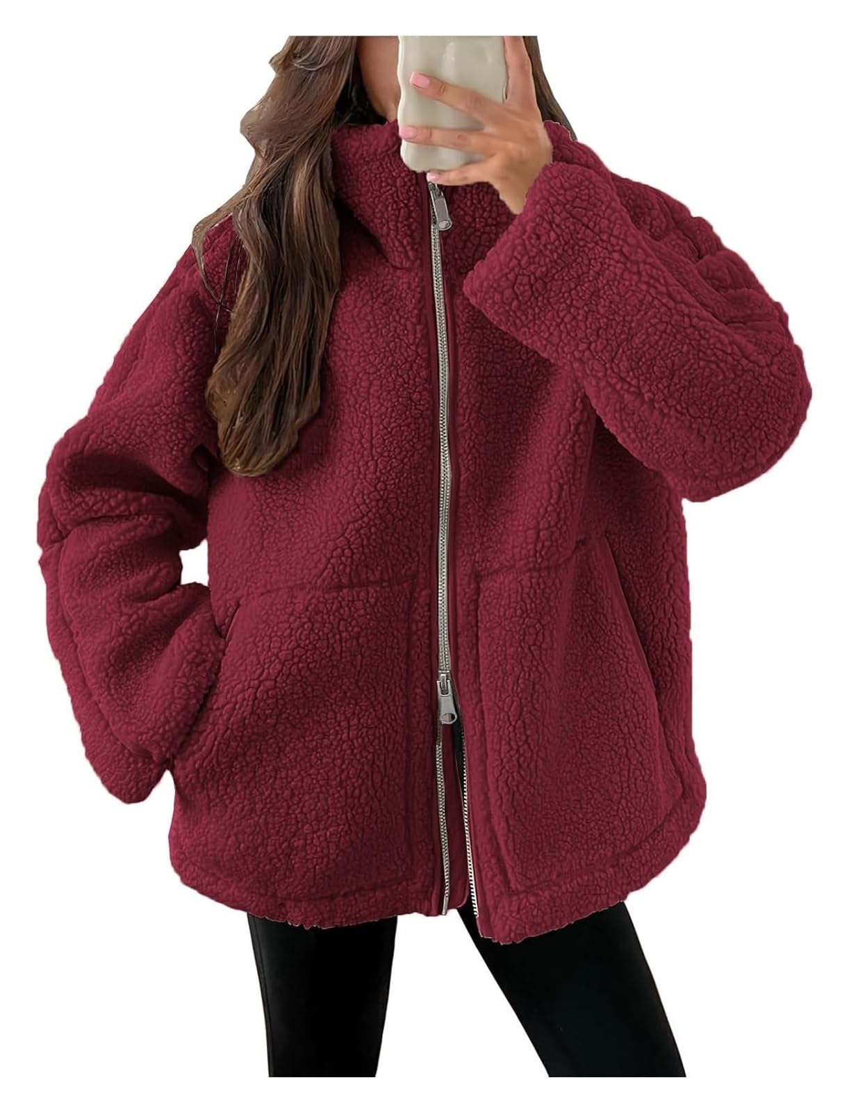 Teddy Jacket Femme Hiver Teddy Veste Polaire Double Curseur Zip Veste D'hiver Loisirs Extérieur Manteau Polaire Manteau D'hiver Thermique Teddy Revers Uni Veste S-XXL