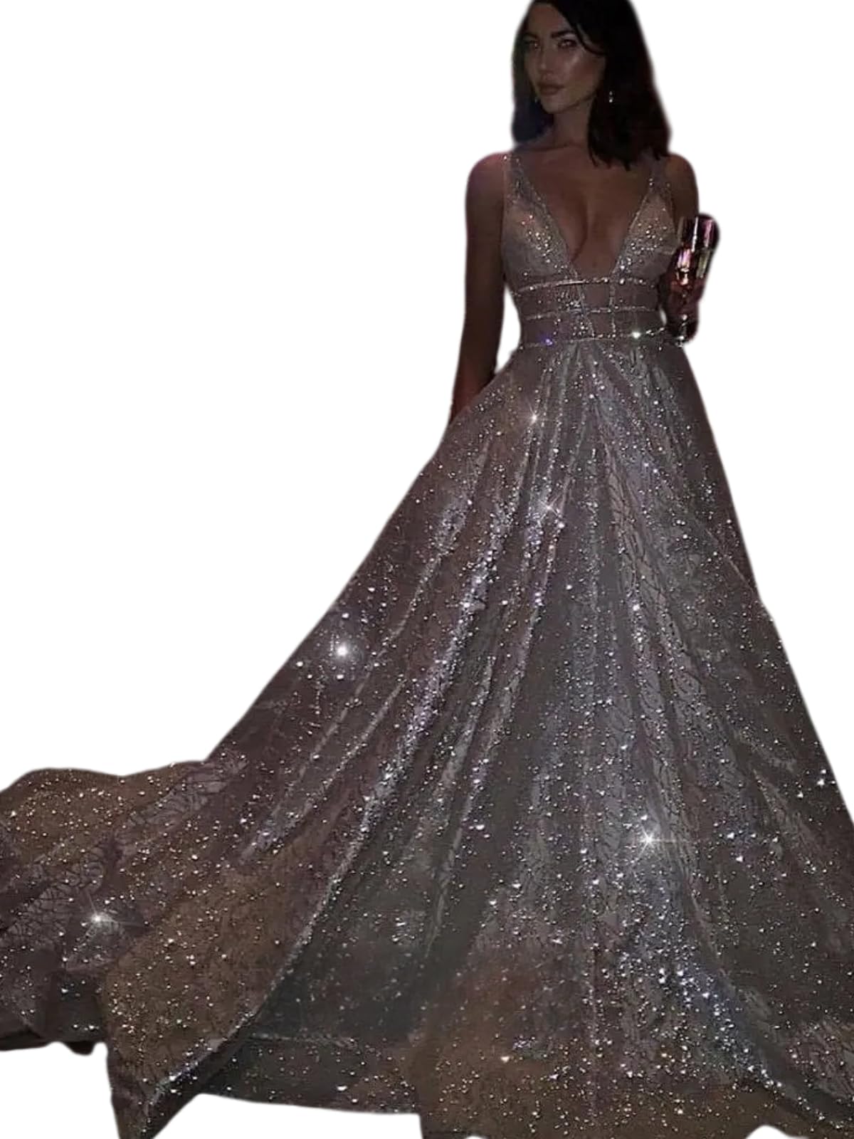 Silver Shiny Prom Evening Dress V-Neck Empire Beaded Hollow-Out Sequin A-line Glitter Sexy