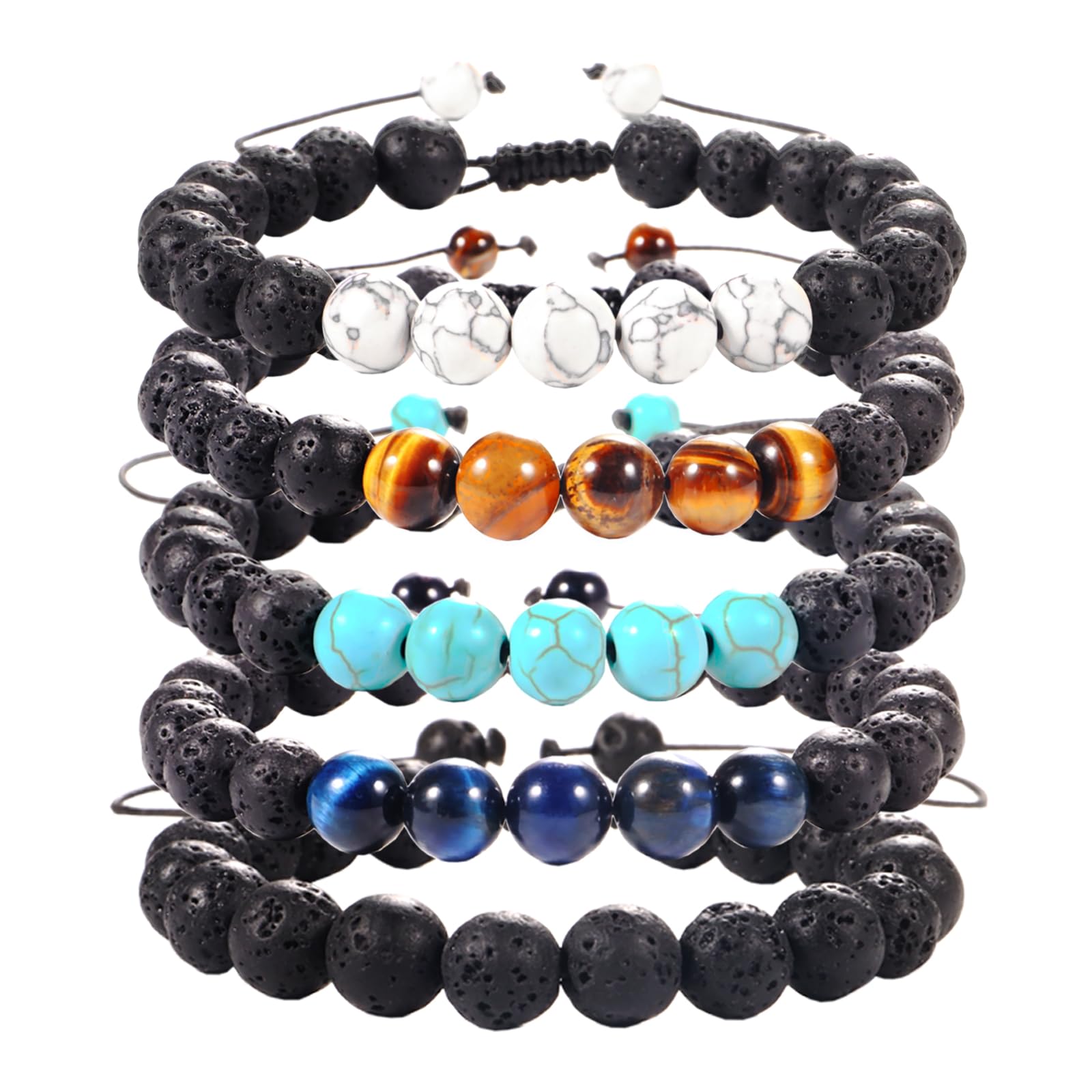 5PCS 8MM Natural Stone Bead Bracelets for Men, Adjustable Lava Rock,Tiger Eye bracelet is a suitable gift for Dad/Husband/Brother/Boyfriend on Birthday and Christmas.