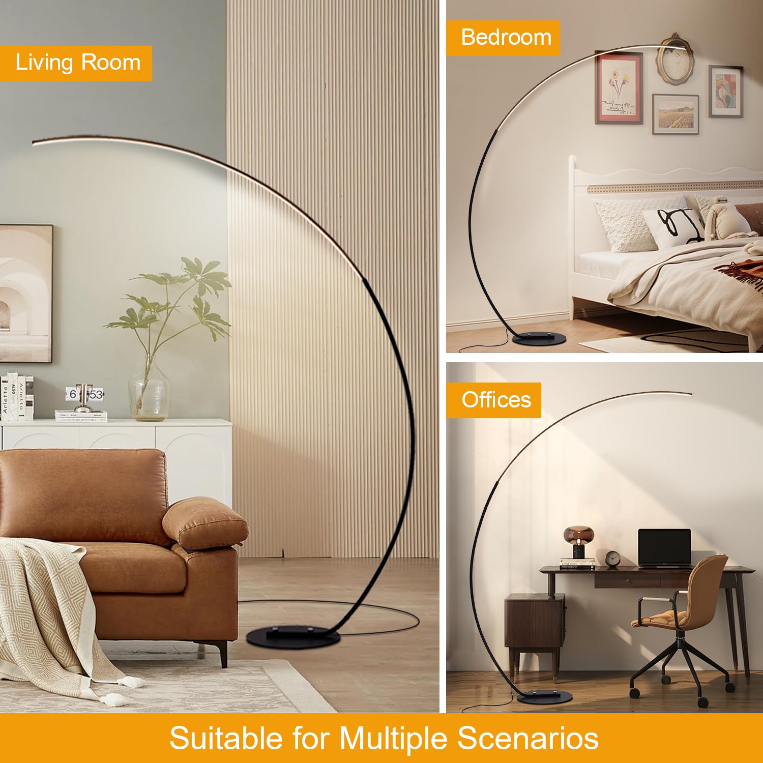Lampada da Terra ad Arco LED, 25W Dimmerabile Piantana Salotto con Telecomando Magnetico, 2000Lm, Funzione Memoria, Lampada da Lettura Moderna per Soggiorno, Camera da Letto, Ufficio, Nero 165cm
