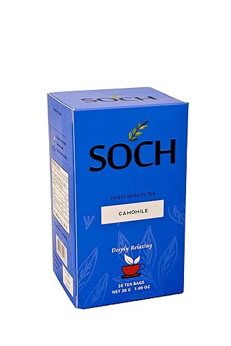 "El té de manzanilla SOCH es una mezcla con una selección profundamente dichosa de flores de manzanilla manzanilla natural y relajante para una