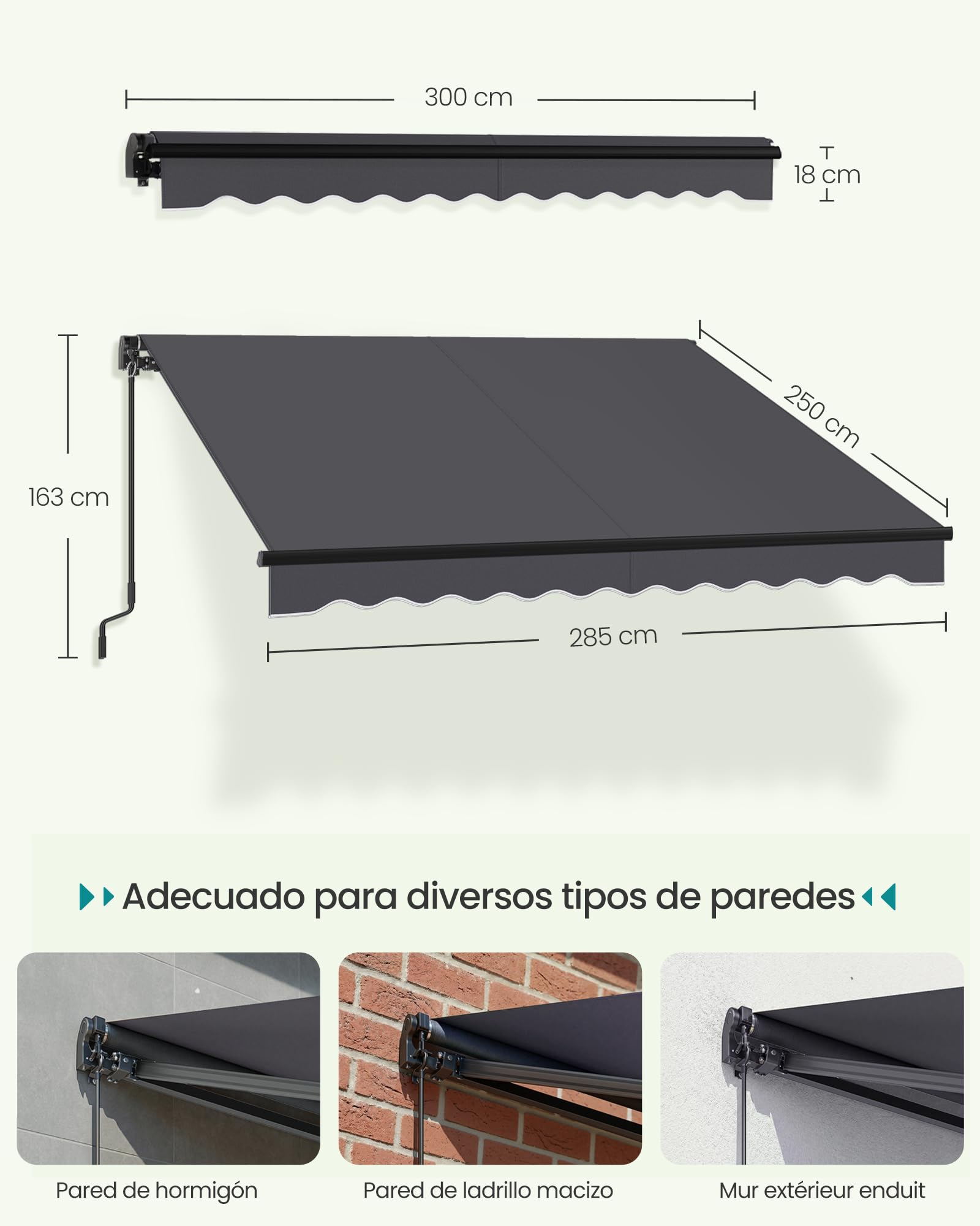 SONGMICS Toldo de Brazos Articulados, Toldo con Manivela, Parasol para Balcón, UPF 50+, Aleación de Aluminio, Ajustable, 300 x 250 cm, Gris GSA306GZ01
