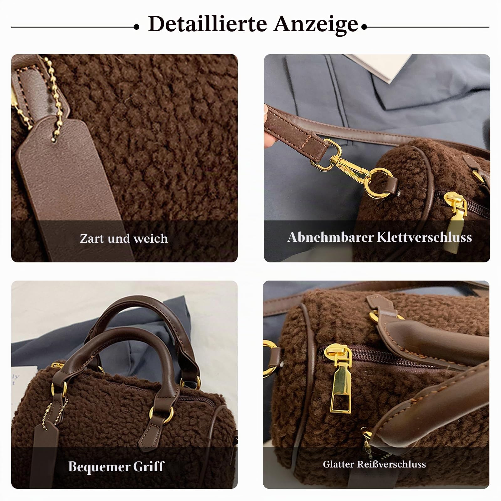 Damen Lammwolle Handtasche Flauschige Tasche Plüsch Schultertasche Niedlich Flauschige Umhängetaschen Tote Beutel Elegant Tragetasche Messenger-Tasche Frauen Henkeltaschen Boston Tasche Kaffee