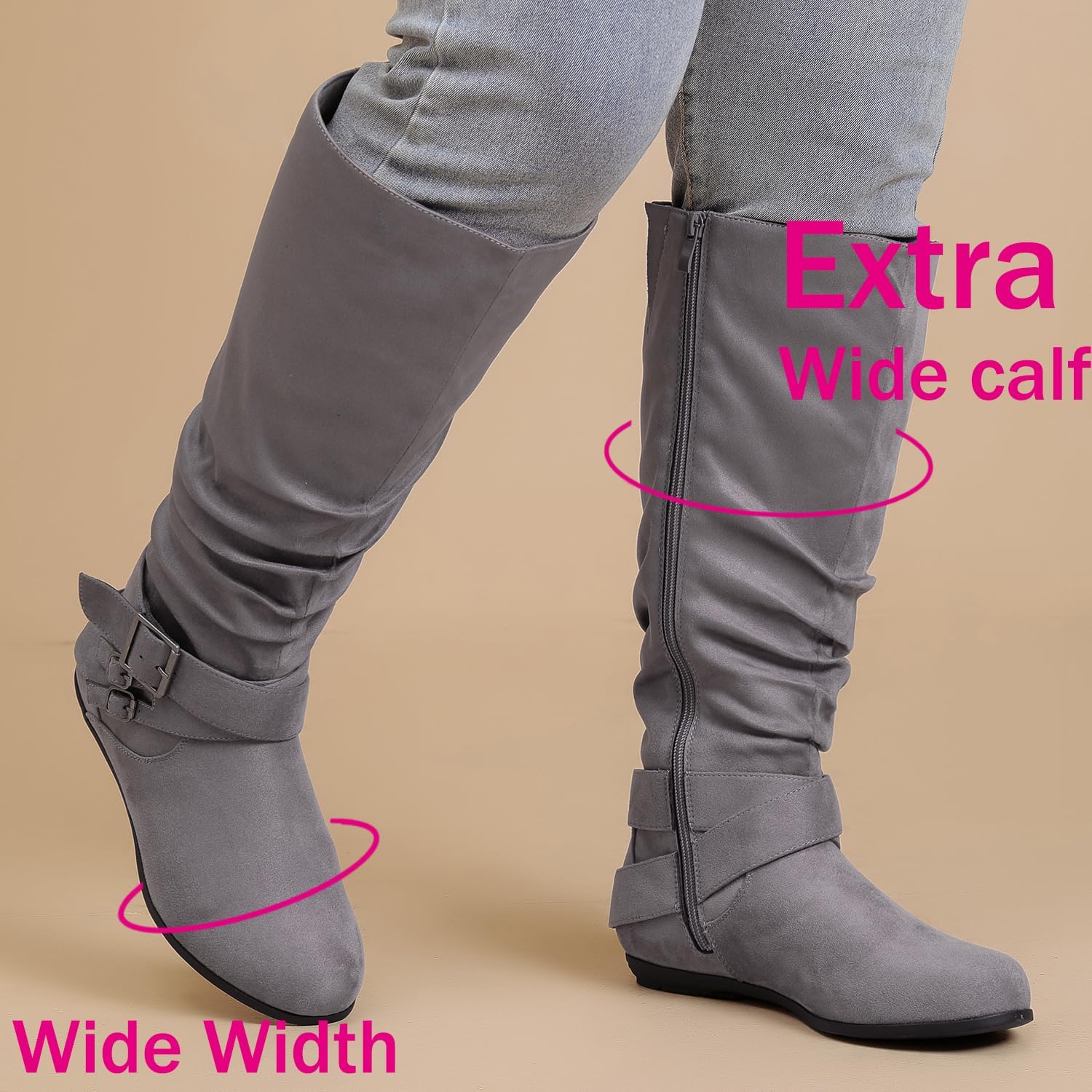 Luoika Women's Extra Wide Calf Knee High Slouchy Boots, Wide Width Tall Boots with Flat Heel Side Zipper. - Image 4