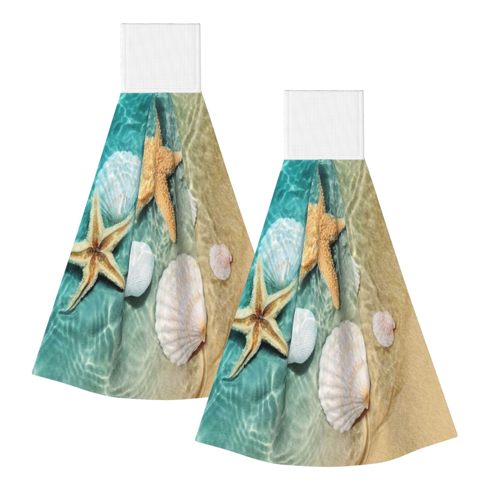 DOPKLNA Beach Starfish Scallop, 2 Pcs Hanging Coral Fiber Hand Towels for Bathroom, Absorbent Kitchen Towels