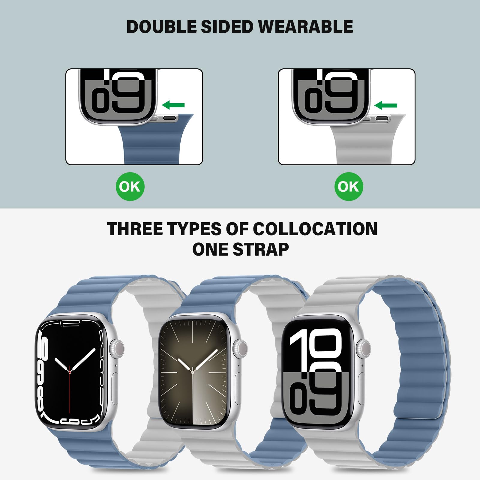 Bisikor Compatible with Apple Watch Strap 49/46/45/44/42/41/40/38mm Double Sided Wearable Silicone Magnetic Strap for iWatch Ultra SE Series 10 9 8 7 6 5 4 3 (38/40/41/42 - Image 3
