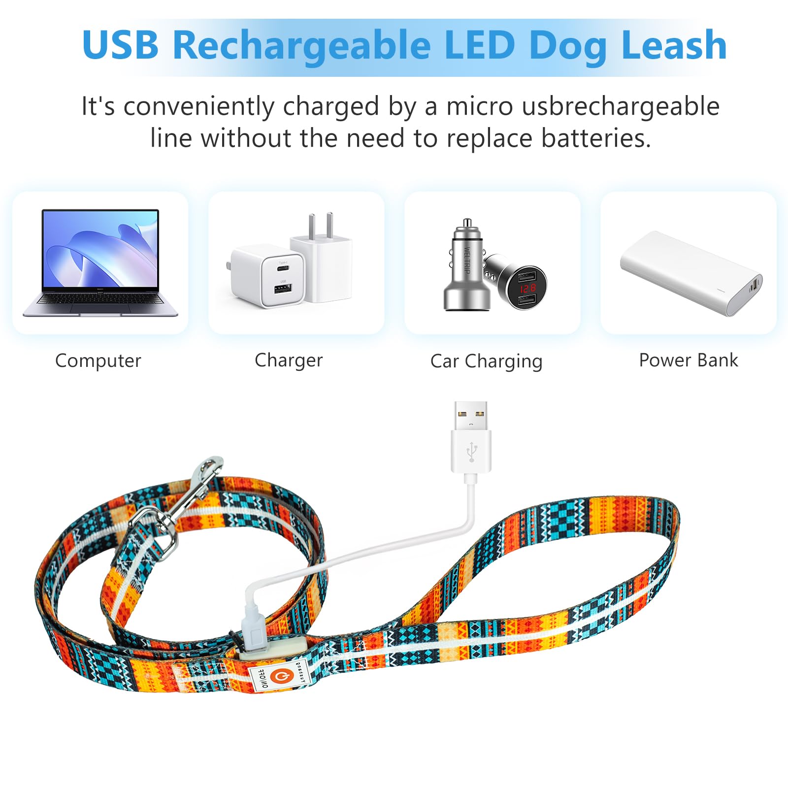 YUSHANG Light Up LED Dog Leash - Rechargeable, 5 Ft, 3 Lighting Modes for Medium Large Dogs Walking at Night (L:1.5m/W:25mm) - Image 2