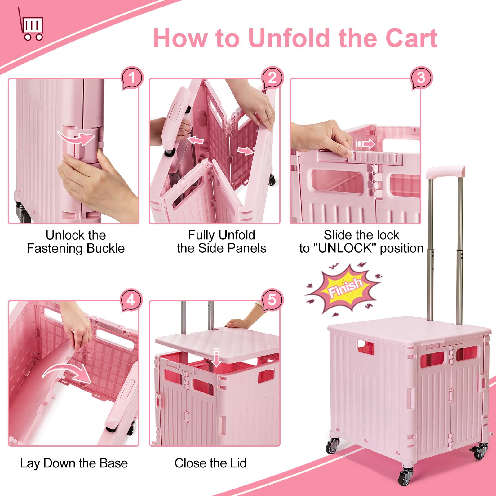 Einkaufstrolley Klappbar mit Deckel, 65L, bis 40KG, Teleskopgriff, Rosa