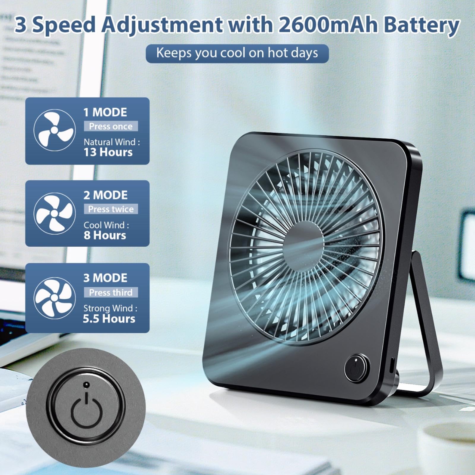 JATEKA Mini ventilatore Batteria, USB ventilatore da scrivania molto silenzioso con Ricaricabile 2600 mAh,ventilatore da tavolo per ufficio, camera da letto, soggiorno, campeggio - Nero