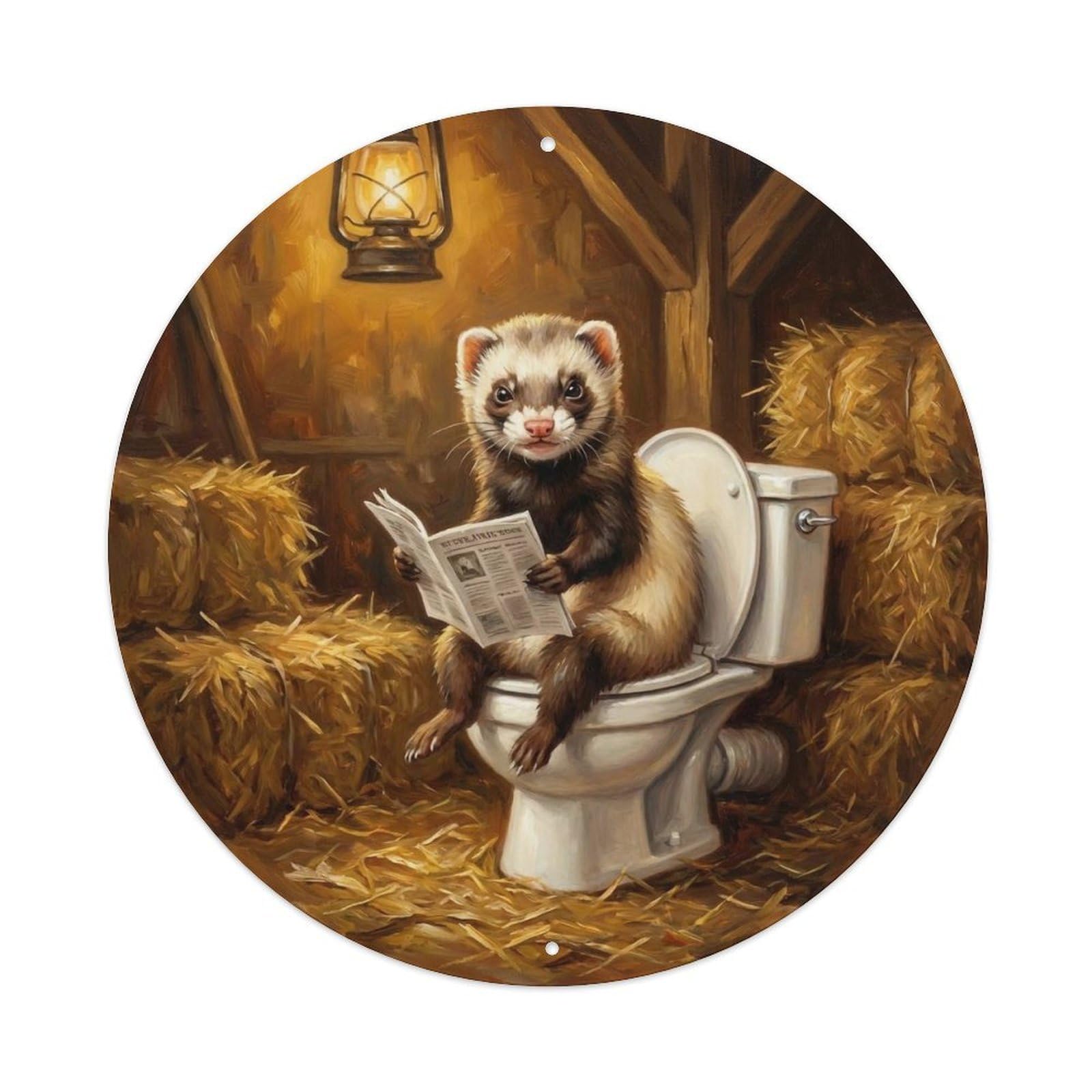 Ferret On Toilet Humorous Bathroom Cozy Barn Corner Metal Tin Sign