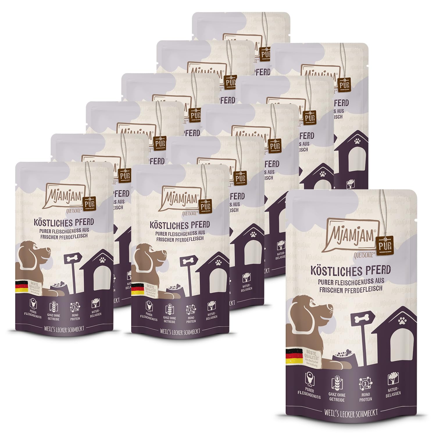 MjAMjAM - Premium Nassfutter für Hunde - Quetschie - purer Fleischgenuss - köstliches Pferd pur, 12er Pack (12 x 125g), getreidefrei mit extra viel Fleisch