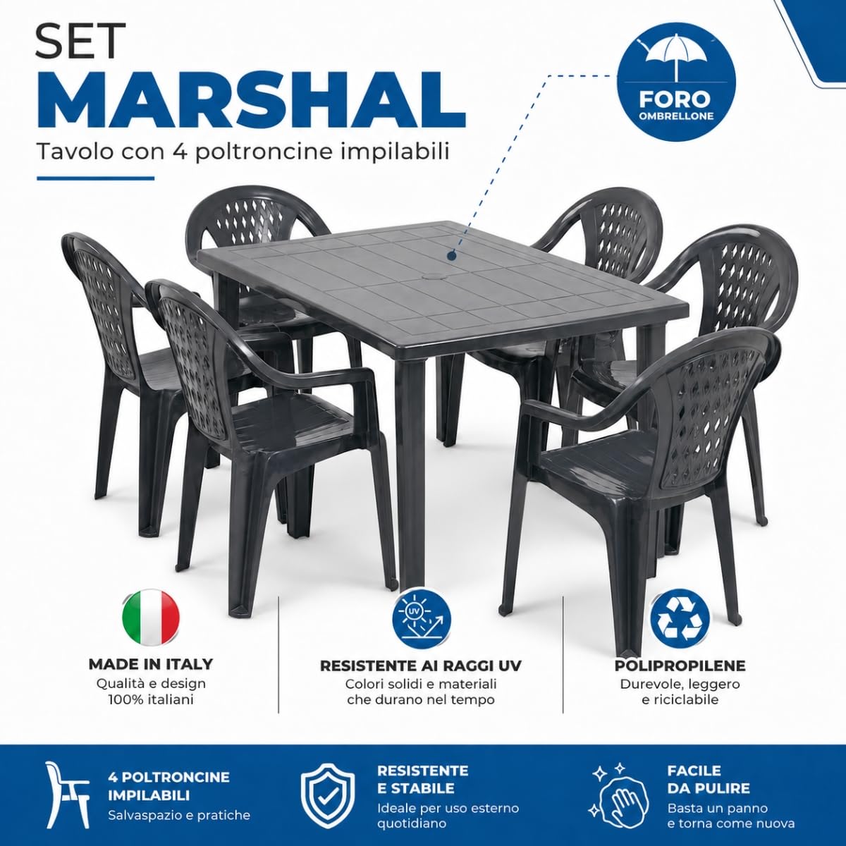 Tomaino - Mesa y sillas de jardín de plástico -Set Marshall 4 o 6 plazas – Mesa rectangular - Sillas apilables con reposabrazos para exterior de polipropileno - Terraza, balcón, bar (6, antracita)