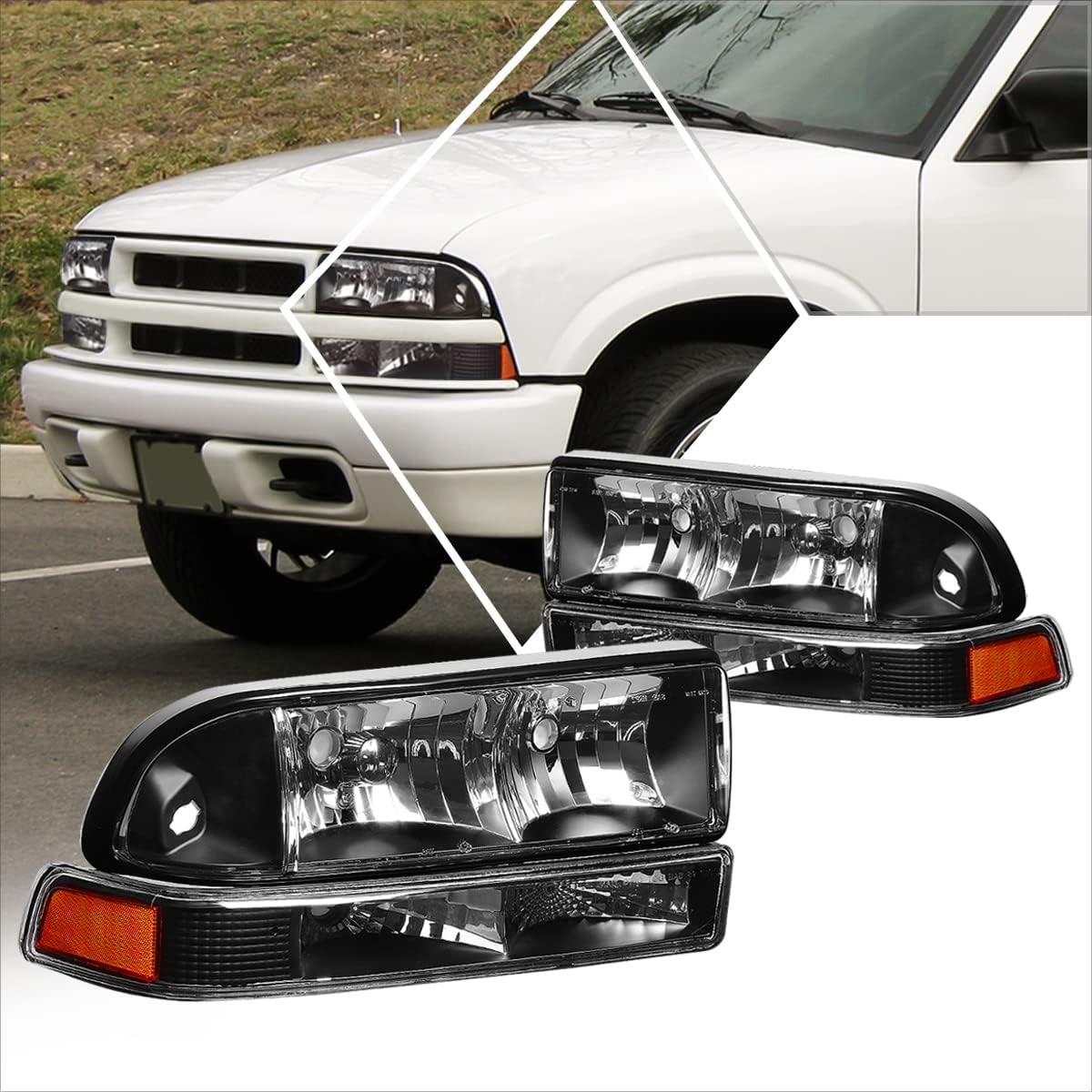 PM PERFORMOTOR Black Housing Amber Corner Headlights Replacement Compatible with 98-04 Blazer / 98-04 S10., PMHL-CS10-9804-4P-OH-BA