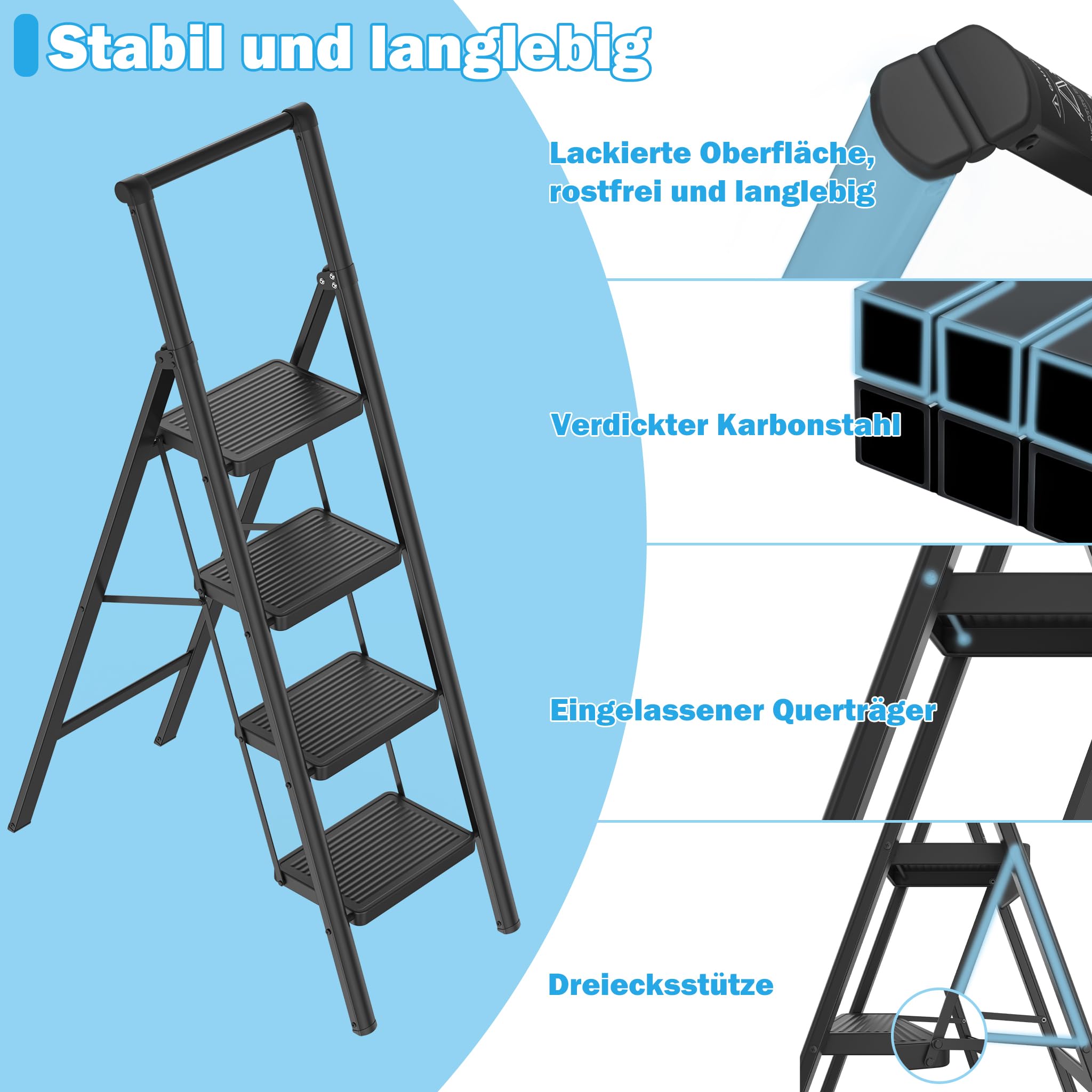XMTECH Escabeau pliable à 3 marches avec main courante - Avec large pédale antidérapante - Charge maximale : 270 kg - Pour la maison, le bureau