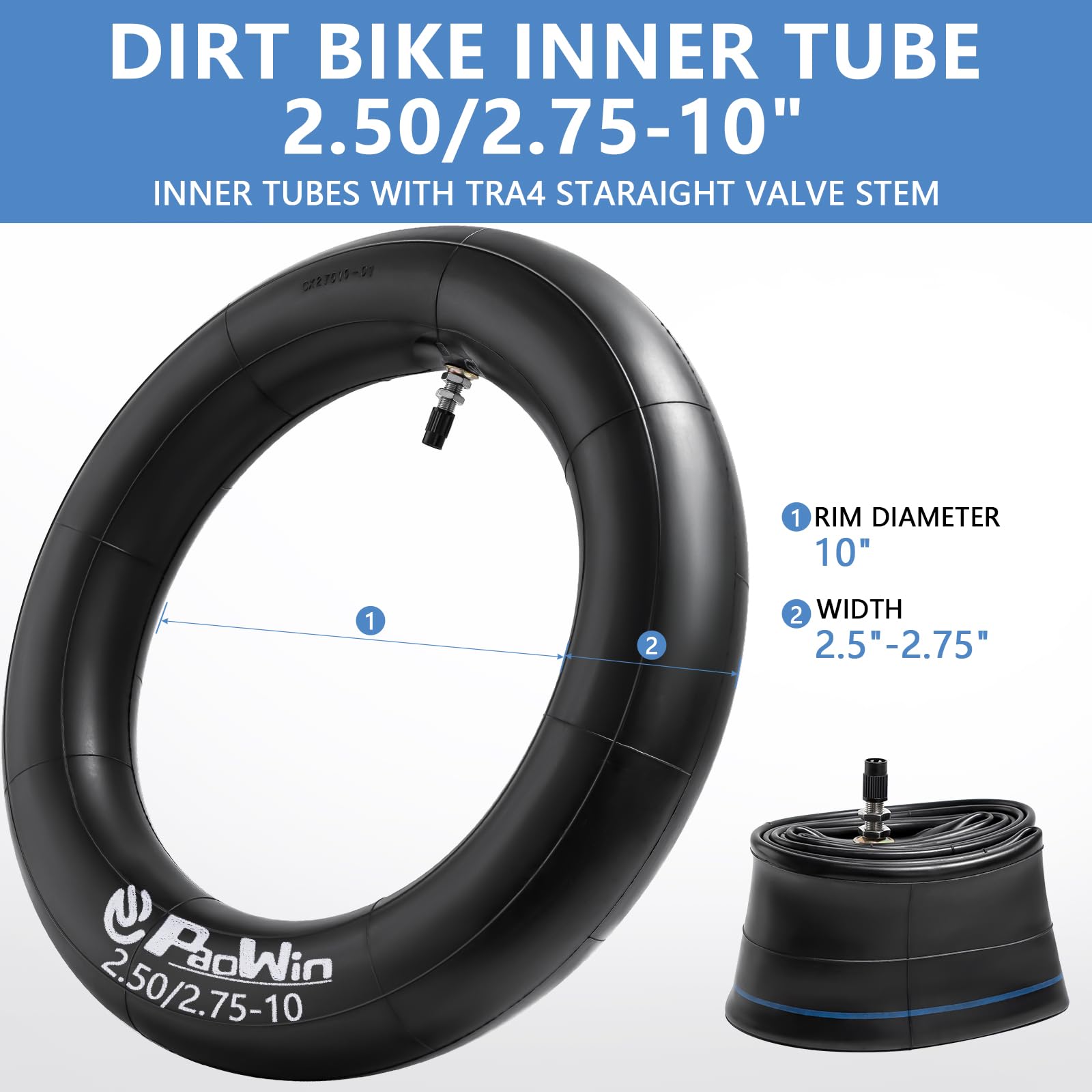Chambres à Air Pour Moto 2,50/2,75-10 - 2 Pièces, Valve TR4 Droite, Caoutchouc Butyle épais - Compatible Dirt Bike Et Mini Pit Bike