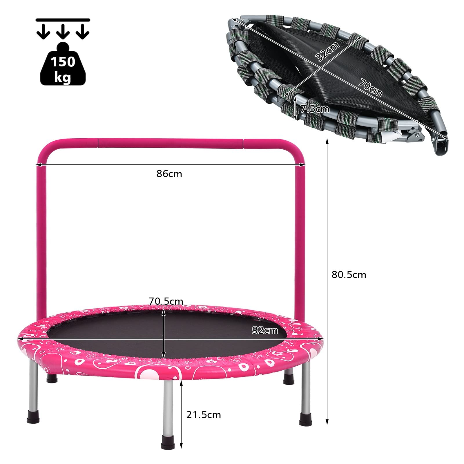 GYMAX Cama Elástica Infantil 92 x 92 x 80,5 cm, Cama Elástica Plegable con Mango de Espuma y Almohadilla de Seguridad, Mini Trampolín para Niños, Entrenamiento de Salto para Interior y Exterior