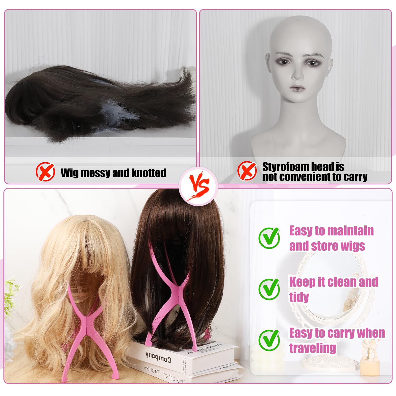 obeoby Perückenständer, 2 Stück, tragbarer Perückenhalter, rosa Perückenkopf-Ständer für alle Perücken, Reiseperücken