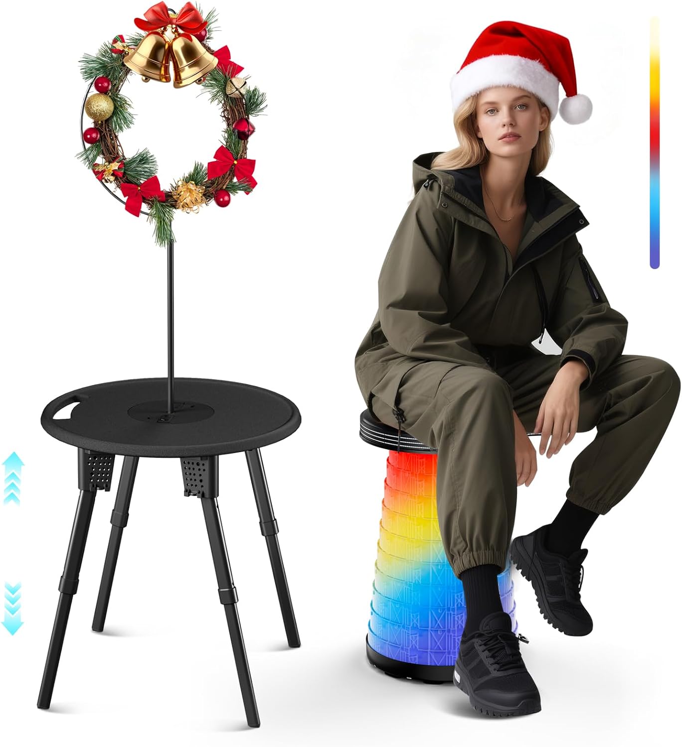 LED Camping Table Set with Stools, 300lbs Capacity Adjustable Height Folding Table & Chairs, All-in-One Compact Design for Outdoor, Camping, Picnic, Tailgating Pure Black Casual