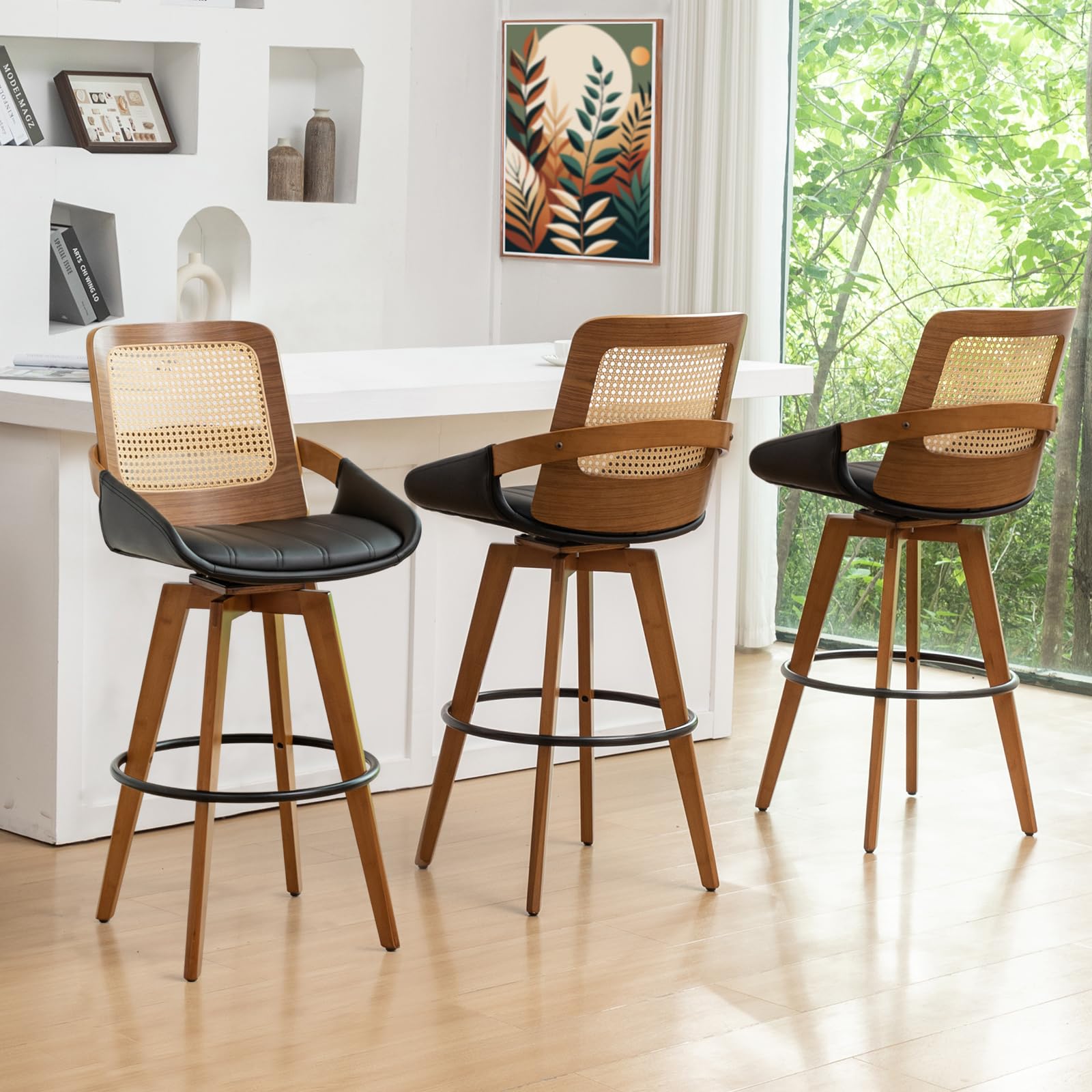 KUNZENT Mid Century Modern Counter Stools - 29.5 inch Swivel Rattan bar stools with Cane Back, Upholstered Faux Leather, Walnut Craftsmanship (Walnut