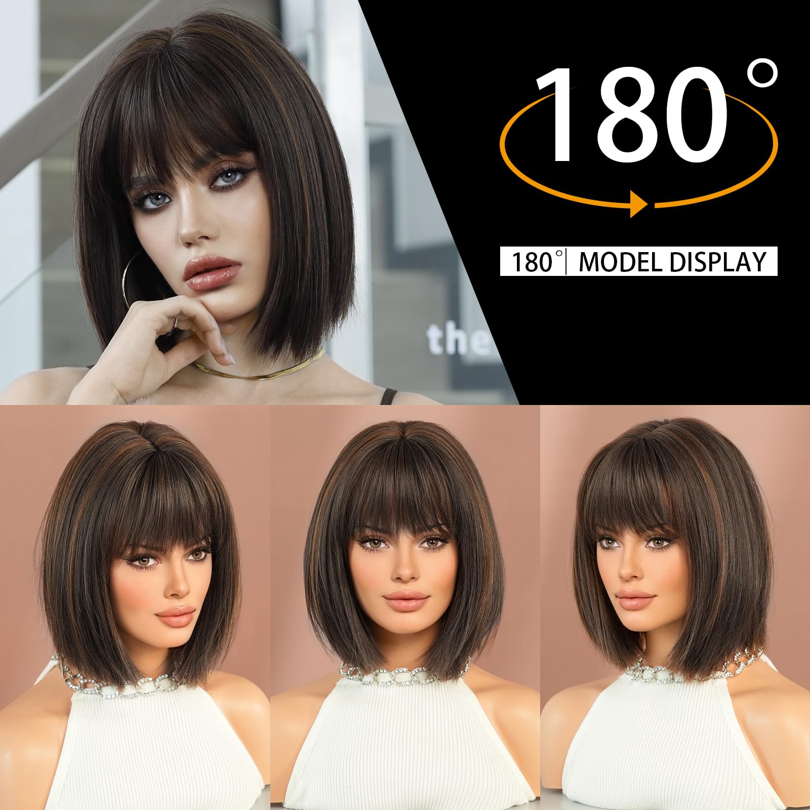 ?JEN B BROWN & BLONDE STRAIGHT BOB  WIG Allbell Brown Bob Wig with Blonde Highlights - Short  main image 4