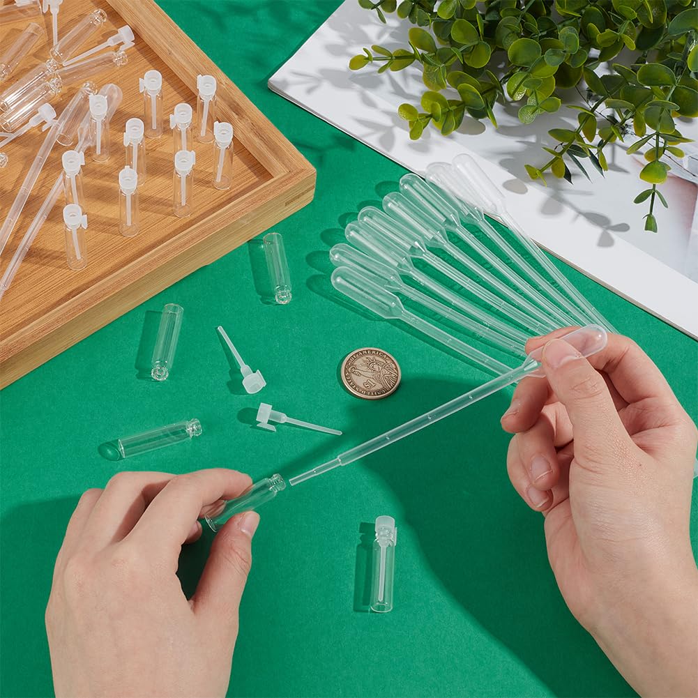 OLYCRAFT 150 mini botellas de perfume de vidrio vacías de 1 ml, mini frascos de perfume recargables con tapa de plástico blanco, botellas de muestra de perfume para viajes y fiestas