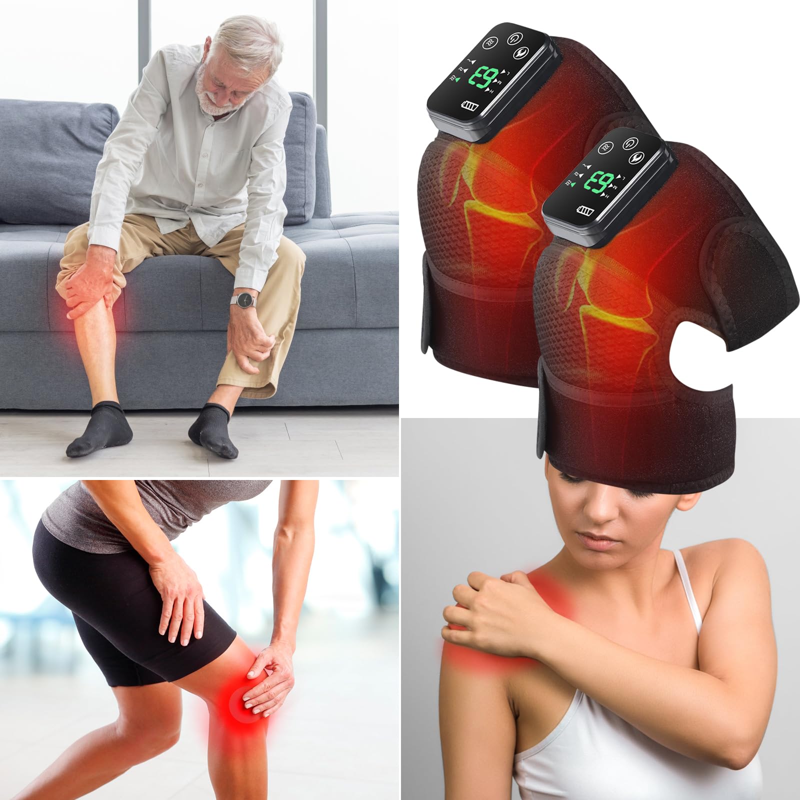 Masajeador de rodilla, inalámbrico con calefacción, soporte de calefacción recargable con infrarrojos y vibración para relajación de rodilla/codo/hombro