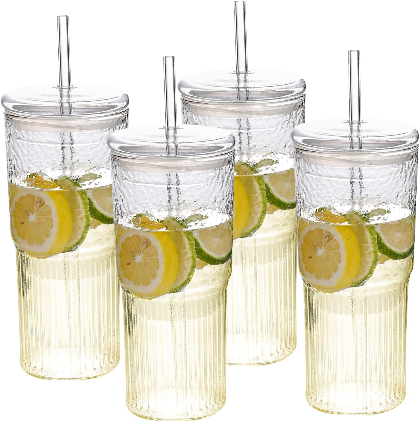 Glasbecher mit Deckel und Strohhalmen, 567 g, 4er-Set, Eiskaffeetassen für kalte Kaffee, Milch, hoher Borosilikatglasbecher zum Trinken von Saft
