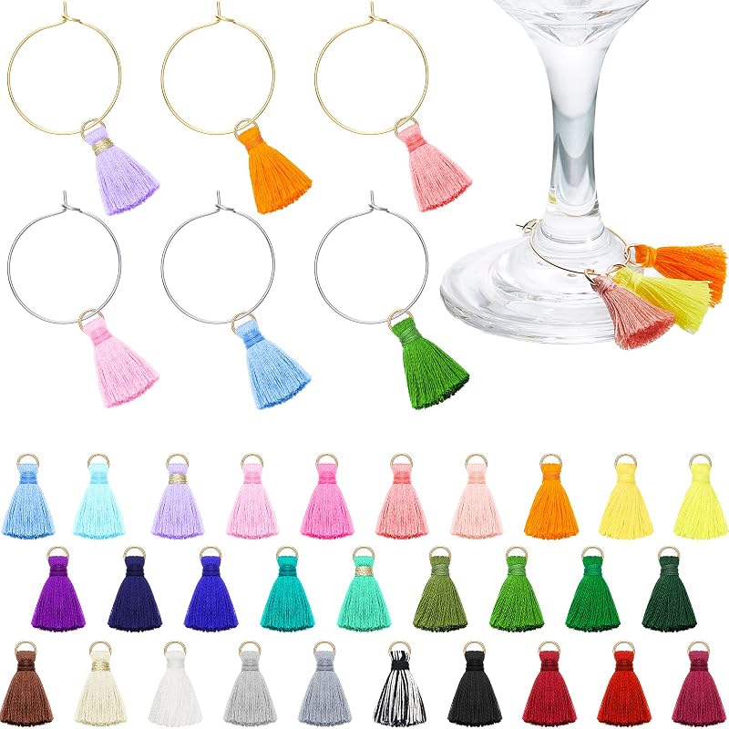 Yingzhao 88 Pcs Wine Glass Charms Kit Including Colorful Tassel Drink Charm Markers Tags Gold Silver Wine Glass Rings with a Black Bag for Stem Holiday Tasting Party Favors