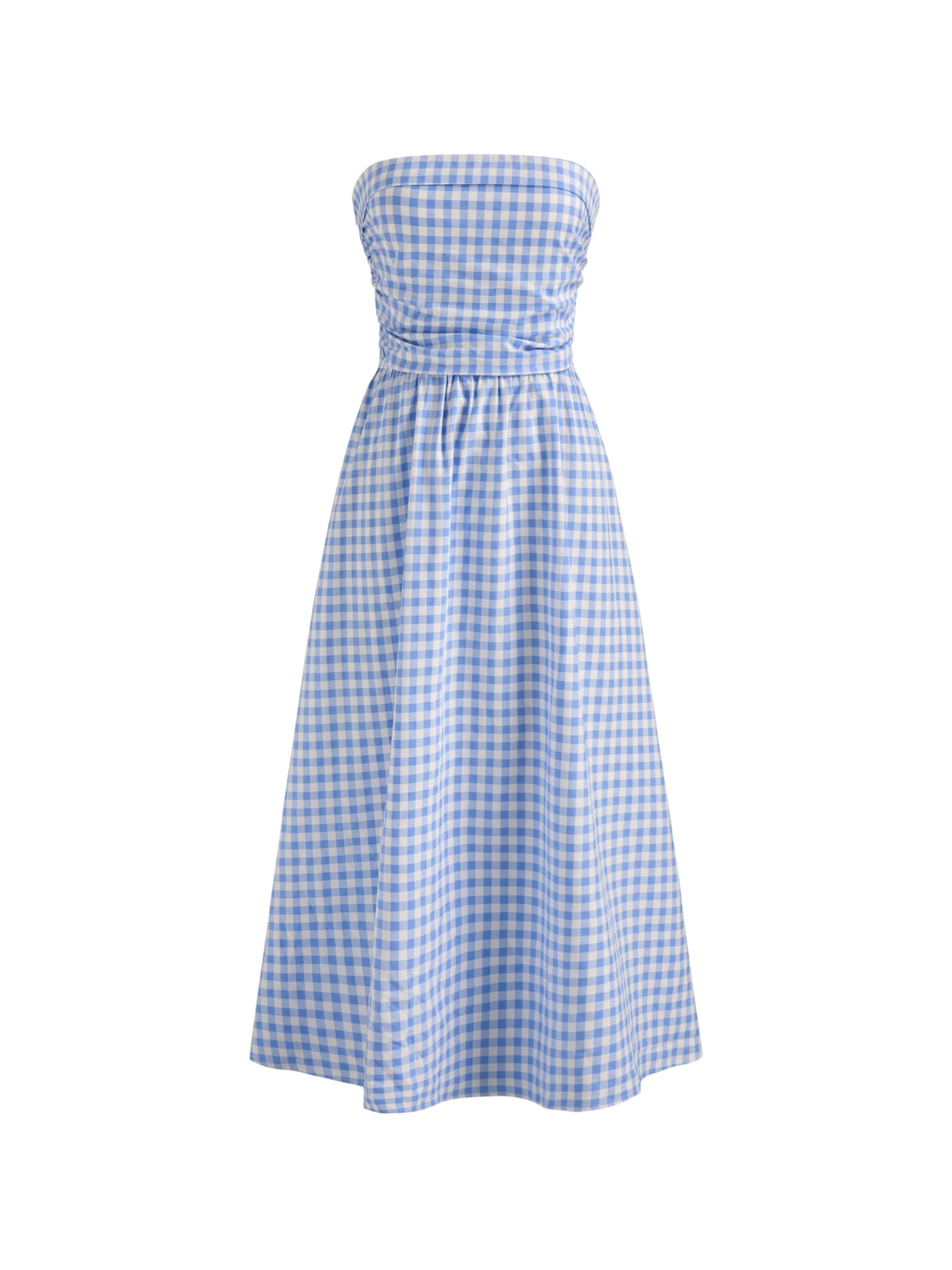 CIDER Gingham Tube Maxi Dress Shirred Ruffle A Line Midi Dress Middle Waist Shirred Zipper