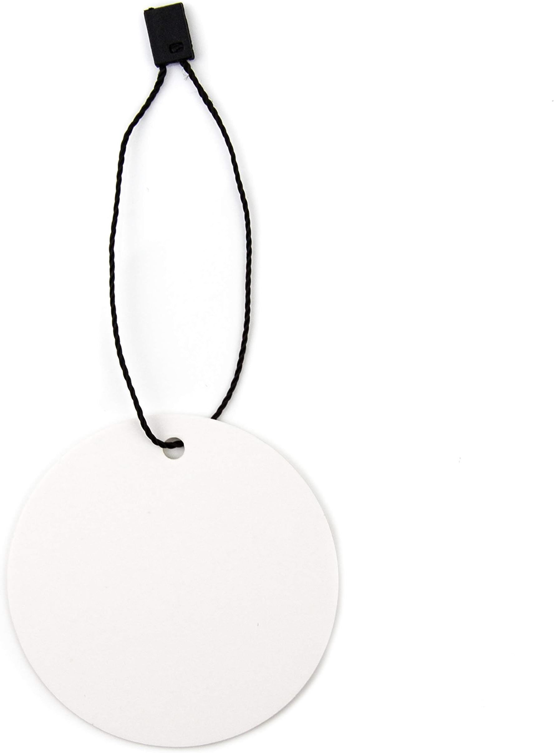 Circle Hang Tags with String - 100 White Cardstock Paper Tags and 100 Black Nylon Fasteners - Price Tags with String Attached Boutique Supplies - Gift Tags with String