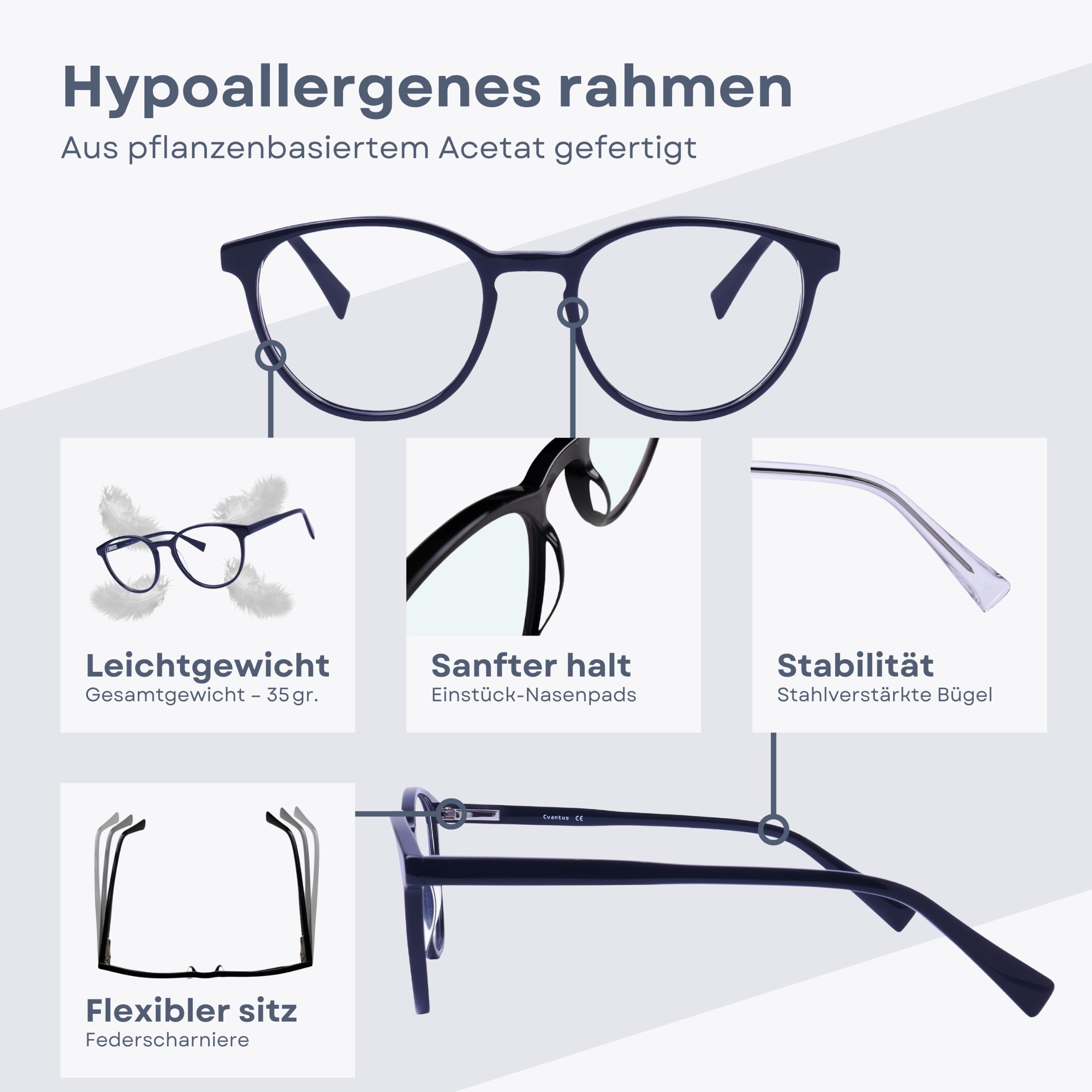 Cvantus Premium Lesebrille | Verschreibungsbrillen-Qualität - Hergestellt von Optikern | Blaulicht- und UV-Blocker, Entspiegelt | Rund Lesebrille Herren & Damen