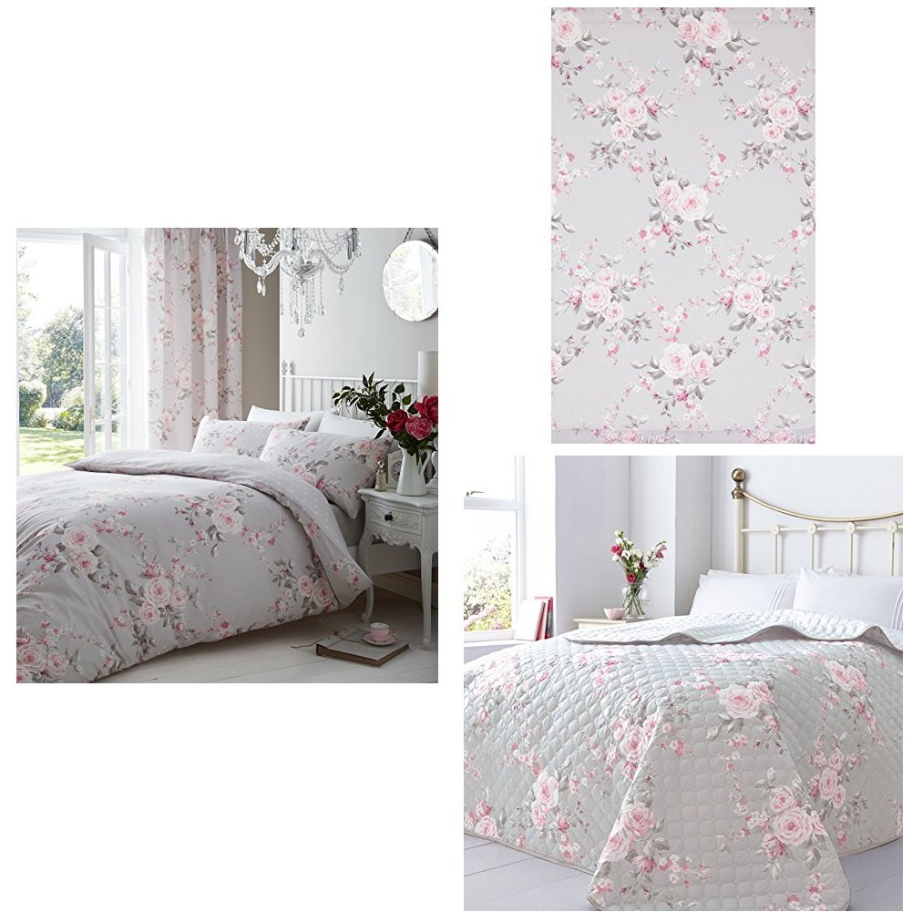 Catherine Lansfield Canterbury King Duvet Set - Pencil Pleat Curtains, Bedspread in Grey - 66 x 72 Inches, 240 x 260 cm