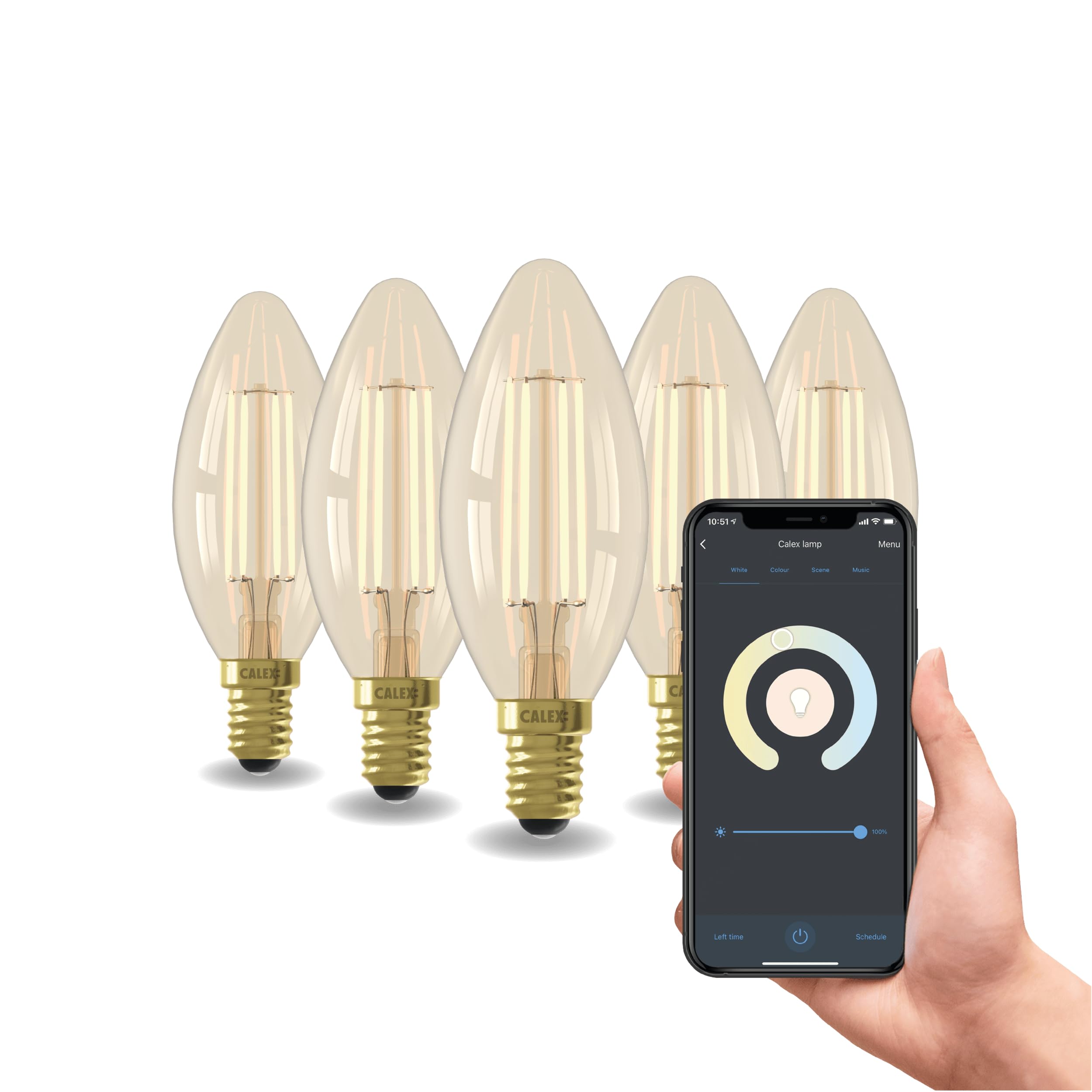 CALEX Lampadina LED Smart, E14, B35 Candela, Filamento Oro, luce calda, Dimmerabile, controllo app Wi-Fi & vocale, Confezione da 5