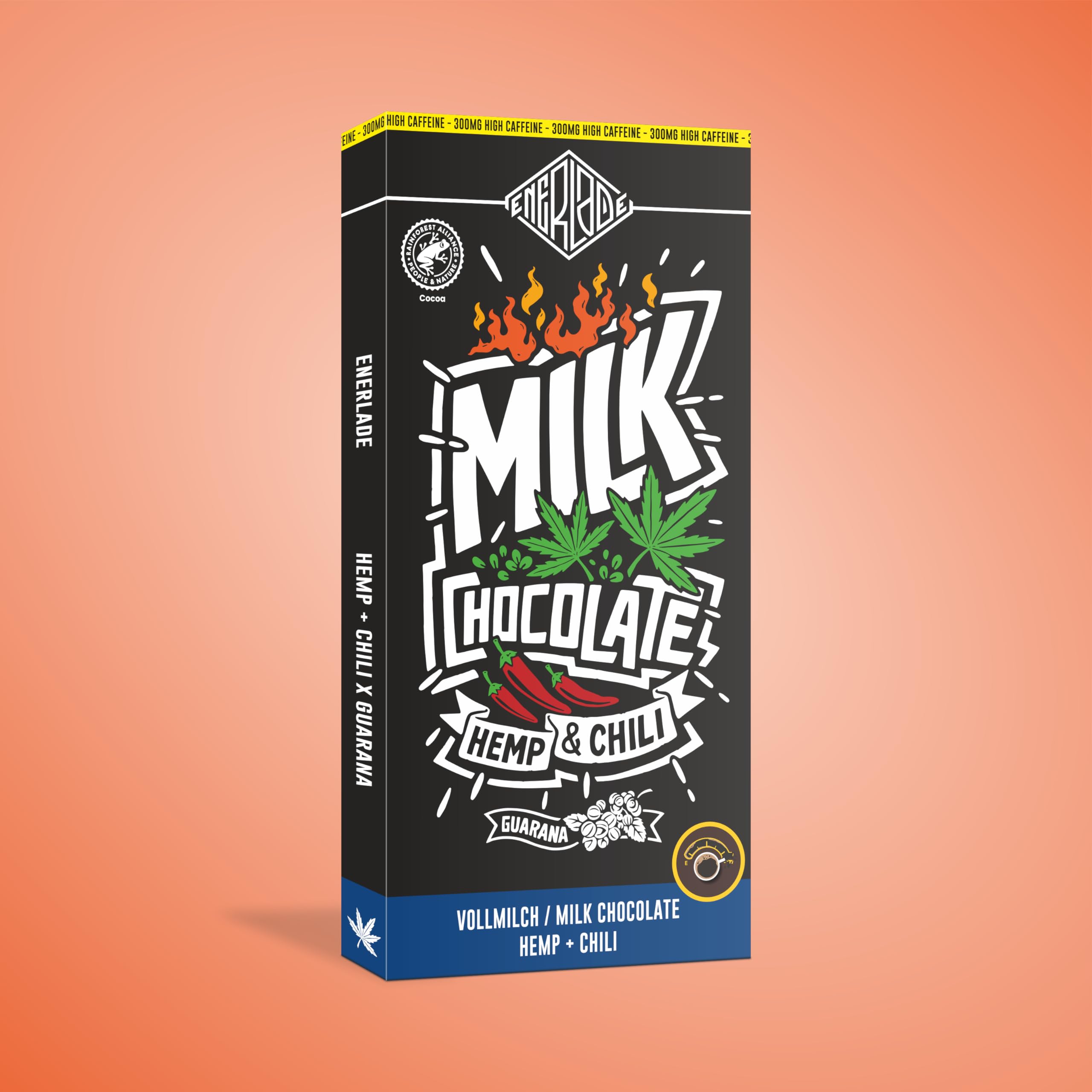 ENERLADE Vollmilch Hanf & Chili Crisp (1x 100 g) Guarana Schokolade - Koffein 300 mg - kein Nachgeschmack - Fair Trade - Energy - made in Germany