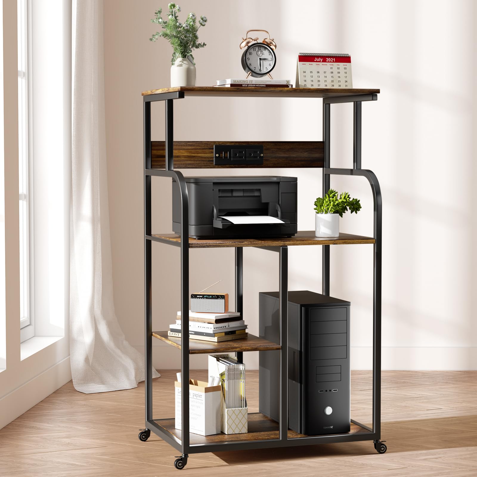 Large Printer Stand with 3-Tier Wood Storage Shelves with Power Outlet-Multi-Purpose Desk Organizer- for Printer Scanner Fax Home Office Use with Wheels (Brown)