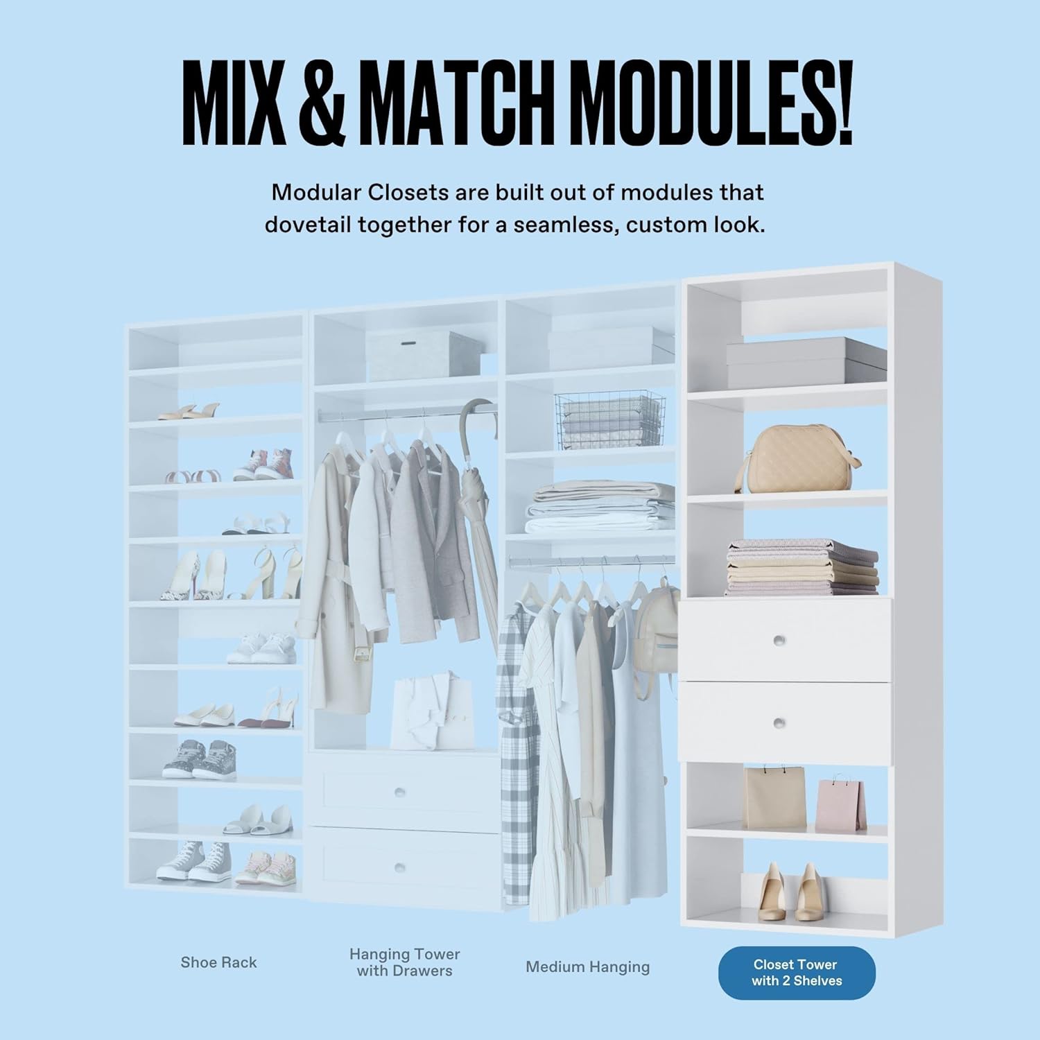 MC Modular Closets Closet Shelves Tower - Modular Closet System With Drawers (2) - Corner Closet System - Closet Organizers And Storage Shelves (White, 19.5 Inches Wide)