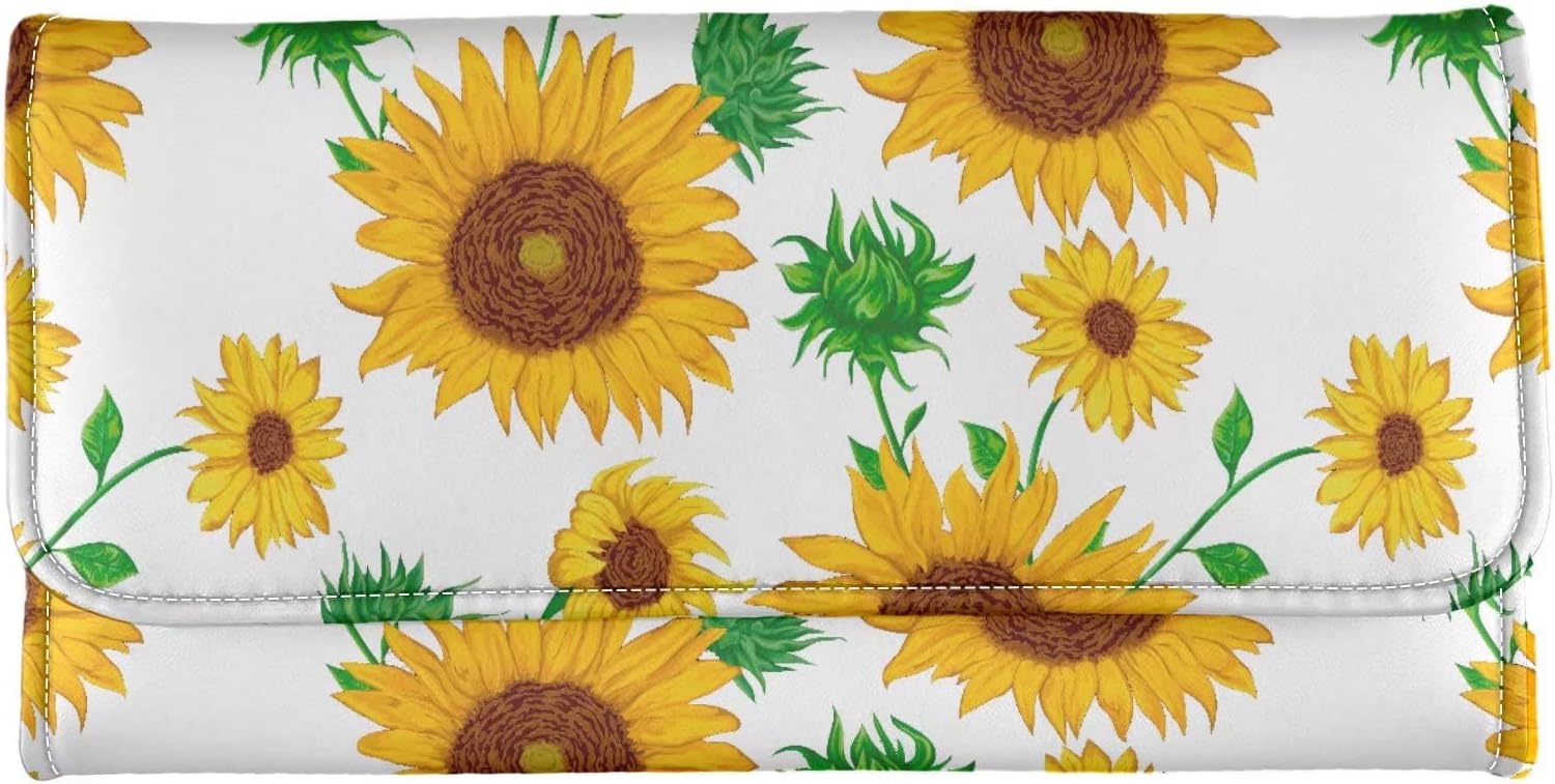 Howilath Sunflower Floral Pattern Women Pu Leather Trifold Wallet Large Capacity Clutch Credit Card Holder Purse Cash Bags(White)