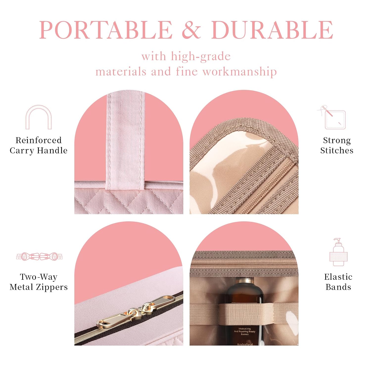 HOTOR Travel Toiletry Bag - Hanging Toiletry Bag for Women & Men, Makeup Bag/Big Comparment, Waterproof for Travel Accessories, Travel Essentials, Medium, Pale Pink - Image 7