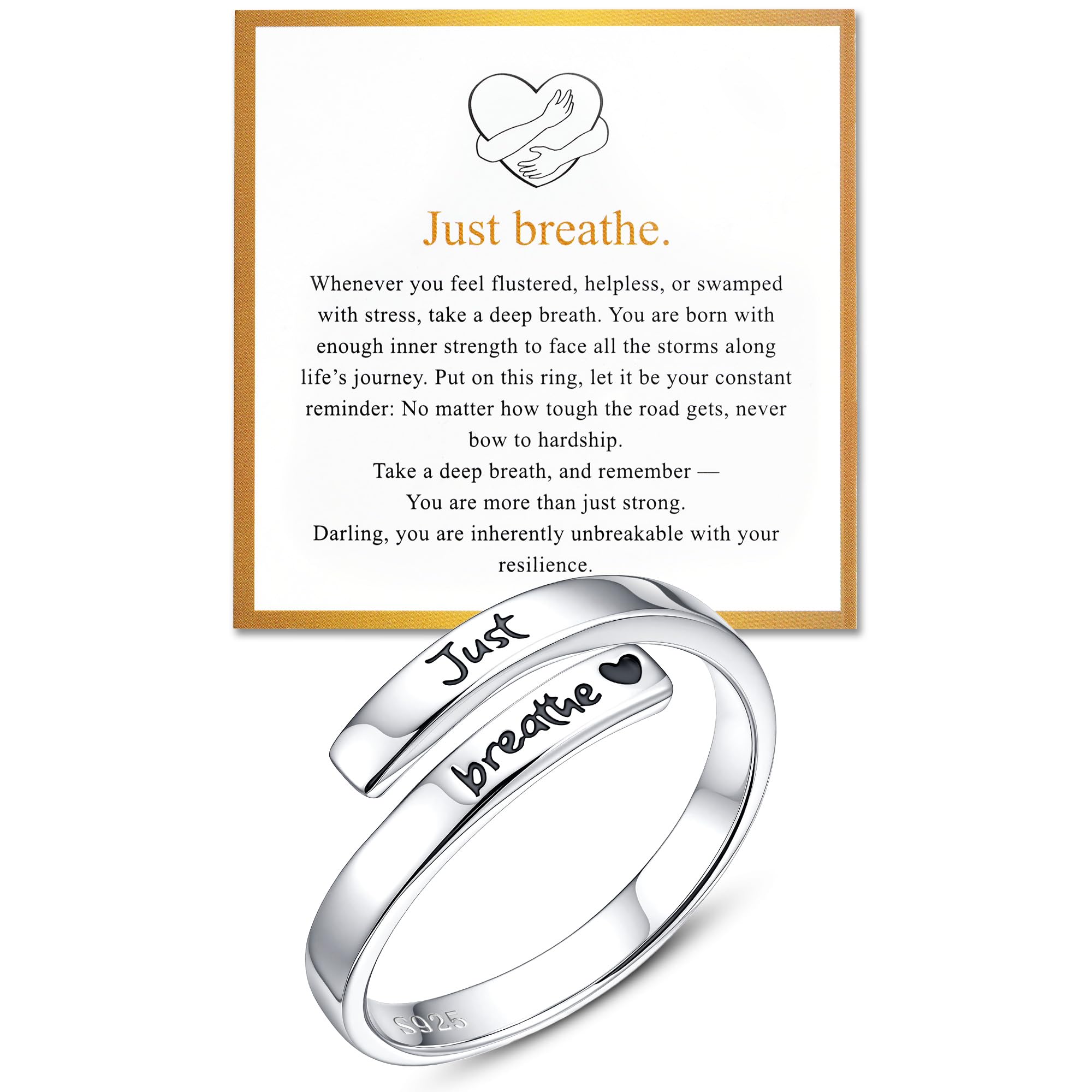 Yesteel S925 Sterling Silver Hug Ring for Women Teen Girls, Adjustable Ring Jewelry Mothers Day Birthday Gifts for Daughters Mom Sister Wife Friends Grandma Just breathe