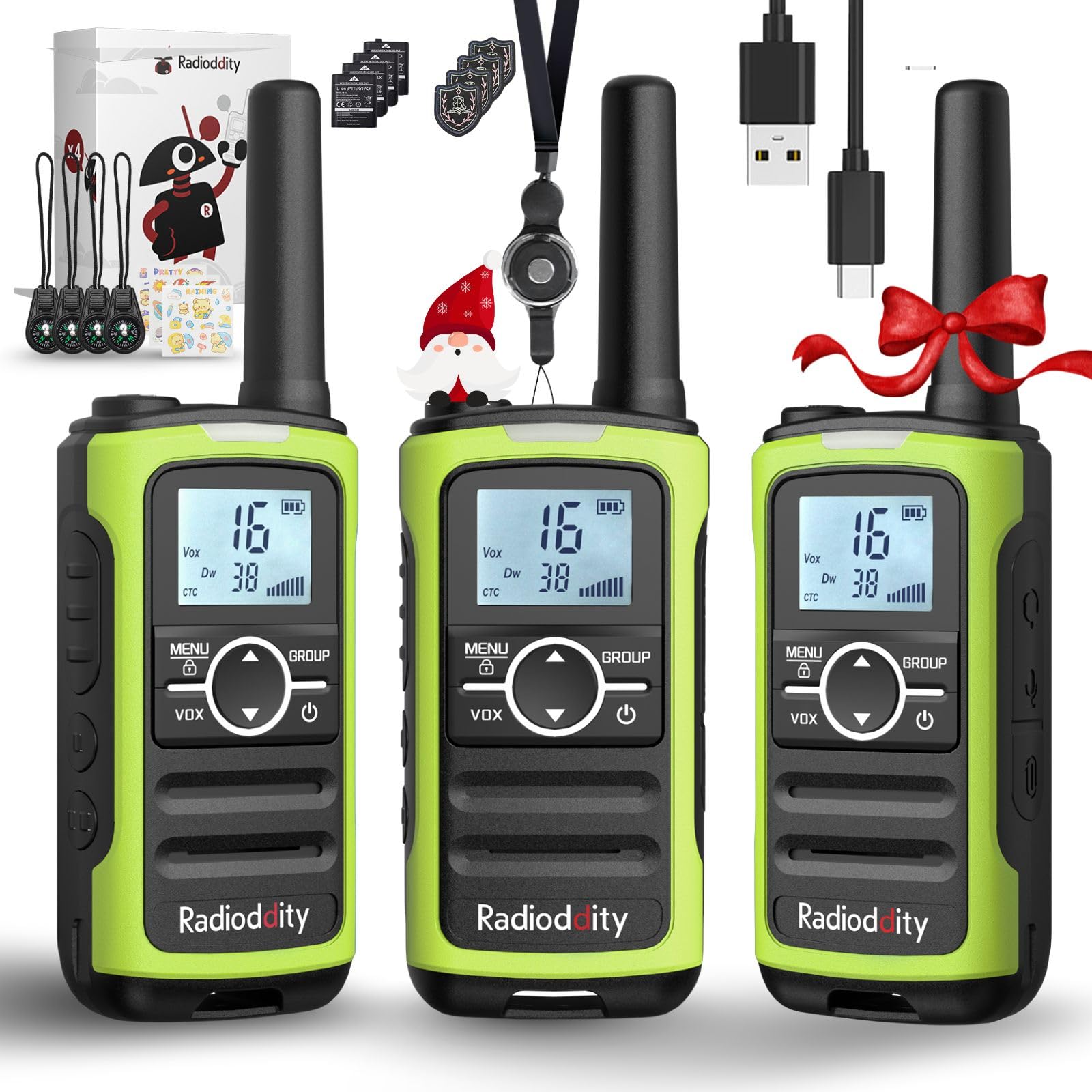 Radioddity PR-T8 Walkie Talkie dla dzieci, PMR446 Dwukierunkowe radio z możliwością ładowania, daleki zasięg, funkcja połączeń grupowych, VOX, latarka, bateria 2000 mAh, ładowanie USB-C, do wędrówek,