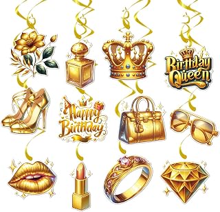 24Pcs Gold Birthday Hanging Swirls Party Decorations Supplies for Queen Women Mother Girlfriends Ceiling Streamer Walls Decor Ornament for Weddings Bachelor Retirement Party Celebrations