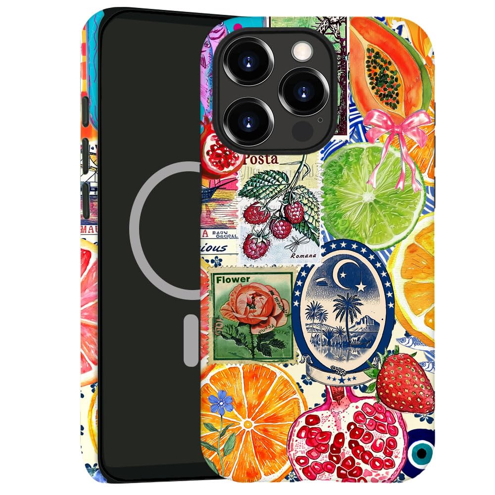 kiritfox Magnetic Case for iPhone 16 Pro,Hybrid 2-Layer Hard Shell,Shockproof for Girl Women [Compatible with MagSafe] - European Lemon Stamp Collage