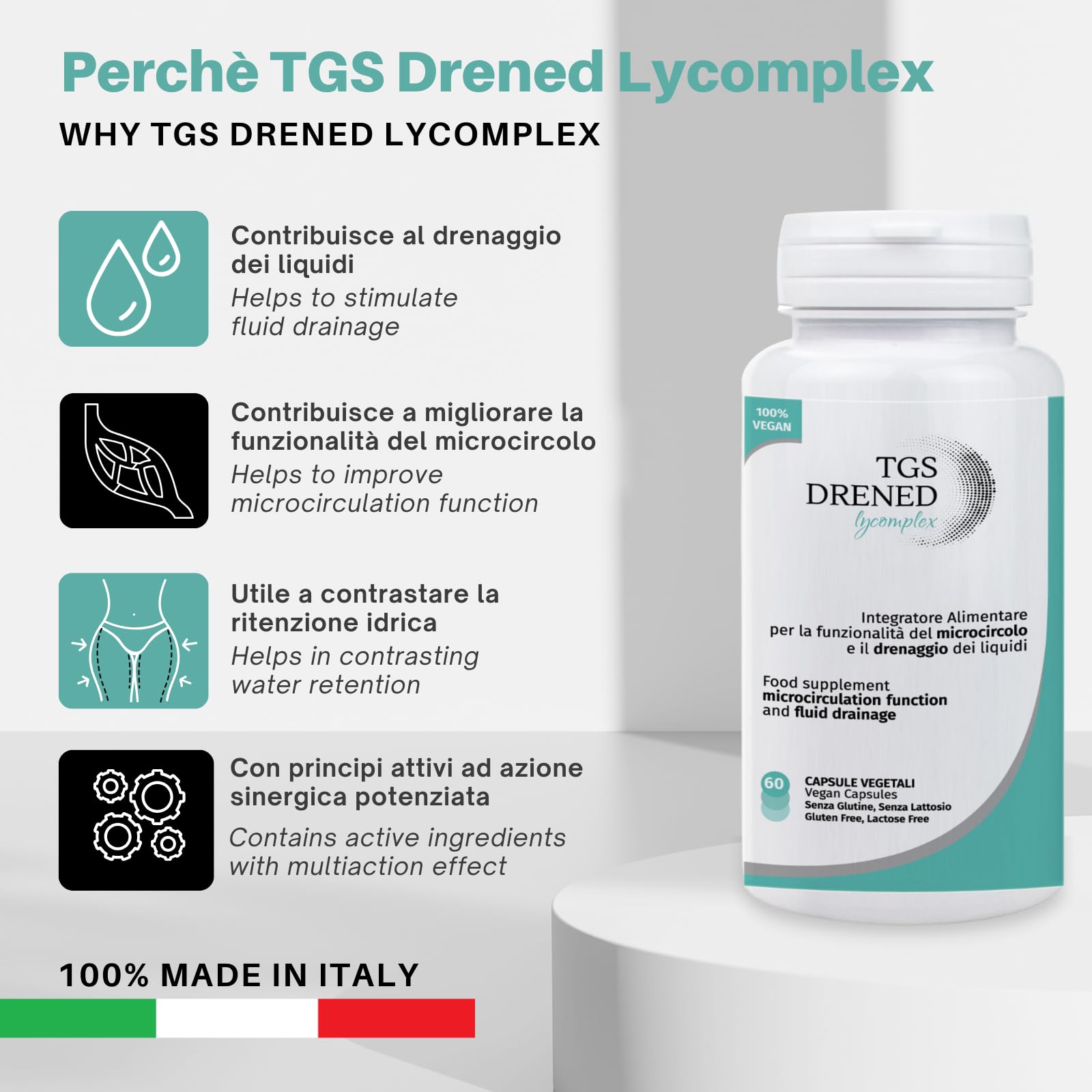 TGS Drened Lycomplex | Drainage Supplement | Nützlich bei Flüssigkeitsretention | Mit Orthosiphon, Bromelain und Blaubeere | 60 pflanzliche Kapseln